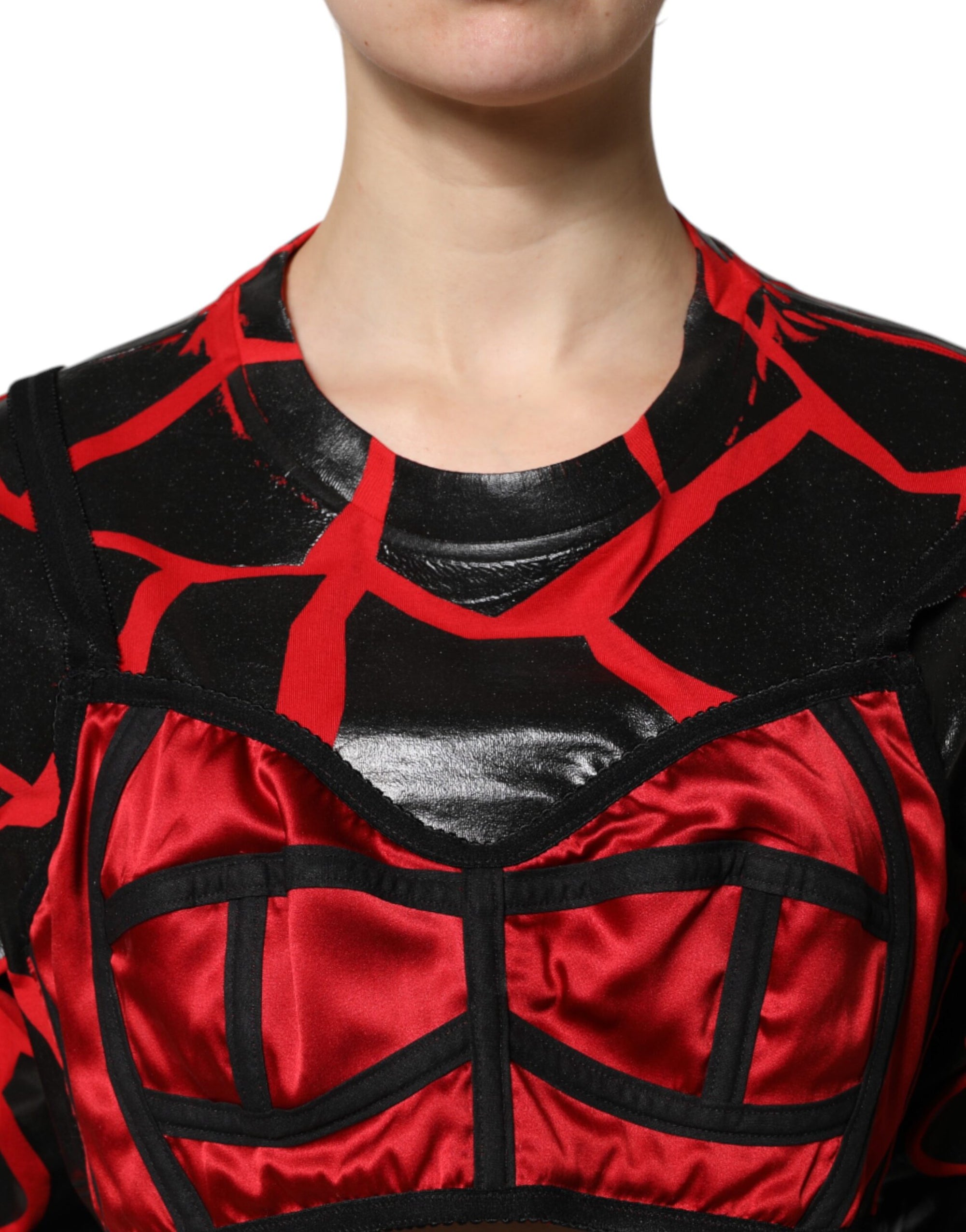 Dolce &amp; Gabbana Red Black Cotton Bustier Detailing Cropped Top