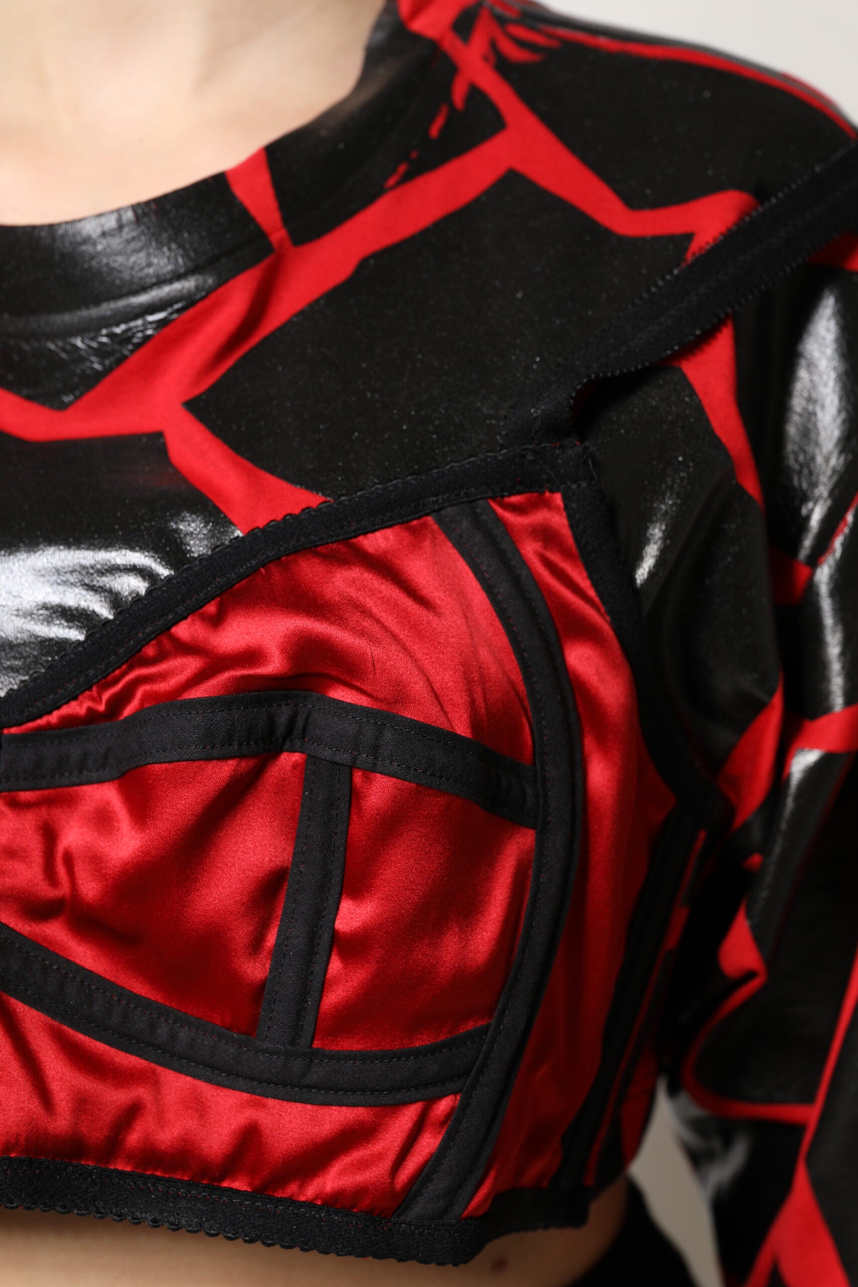 Dolce &amp; Gabbana Red Black Cotton Bustier Detailing Cropped Top