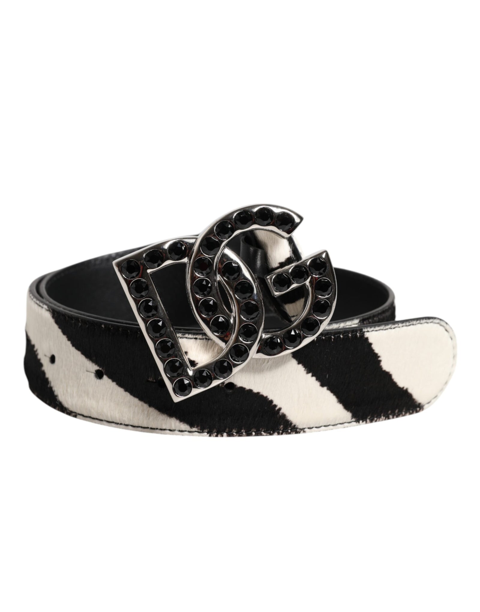 Dolce &amp; Gabbana White Black Leather Zebra DG Crystal Buckle Belt