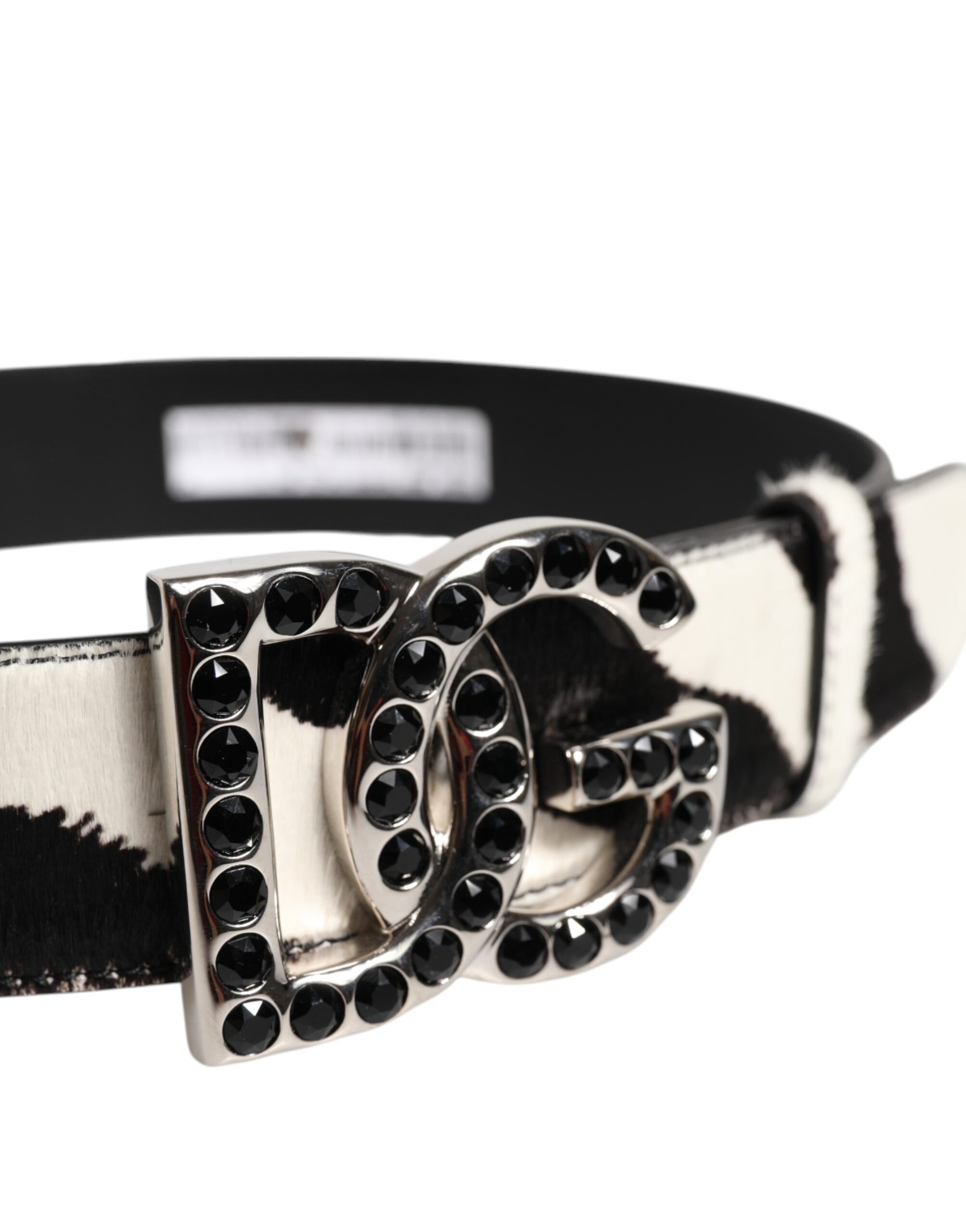 Dolce &amp; Gabbana White Black Leather Zebra DG Crystal Buckle Belt