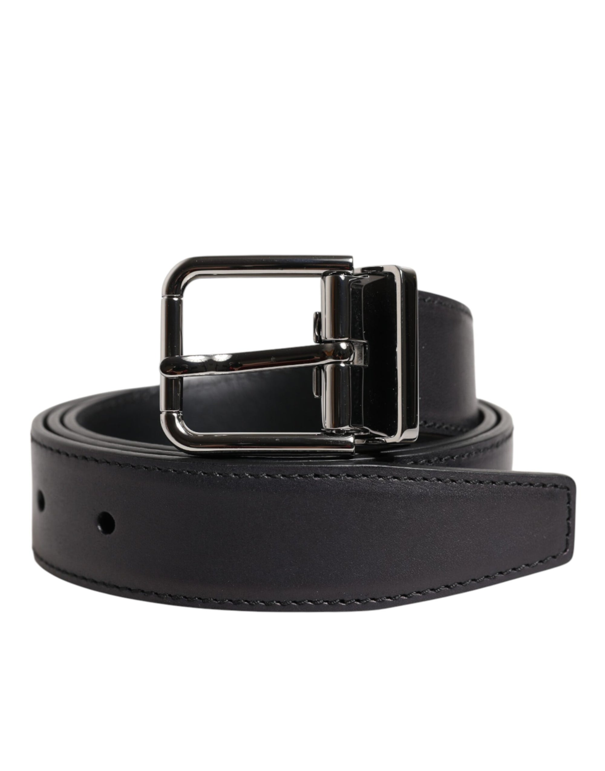 Dolce &amp; Gabbana Black Classic Calf Leather Silver Buckle Belt