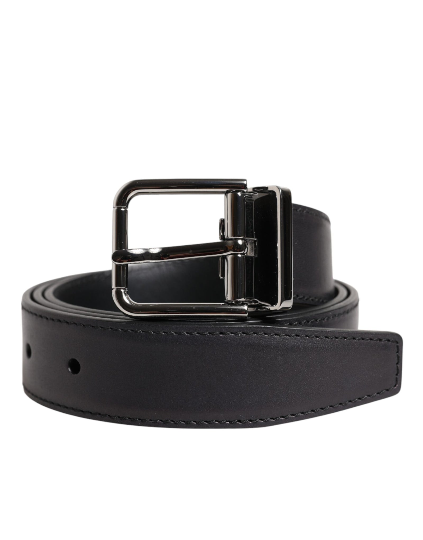 Dolce &amp; Gabbana Black Classic Calf Leather Silver Buckle Belt