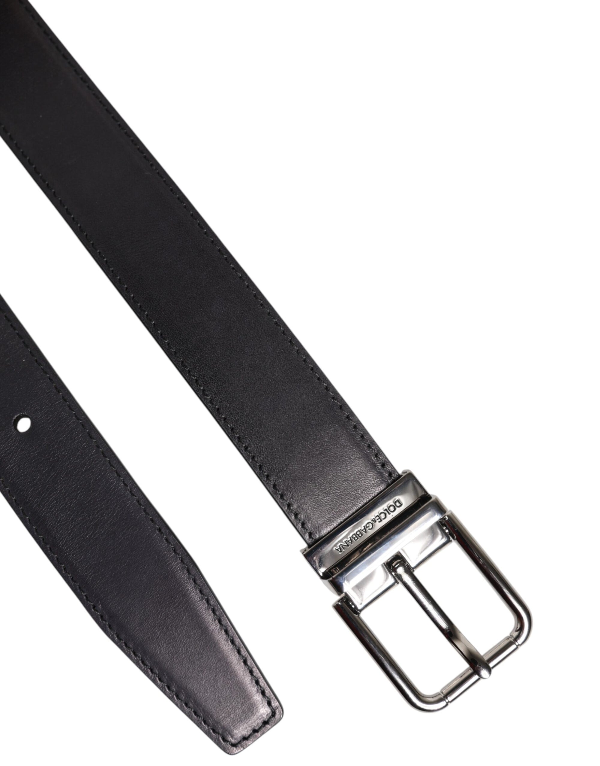 Dolce &amp; Gabbana Black Classic Calf Leather Silver Buckle Belt