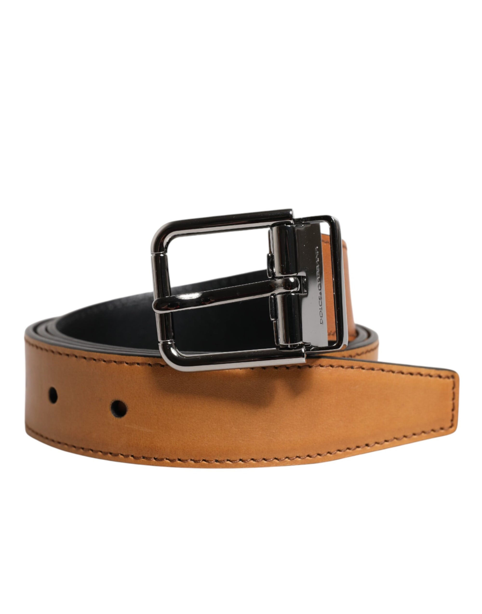 Ceinture Dolce & Gabbana en cuir de veau marron classique avec boucle argentée