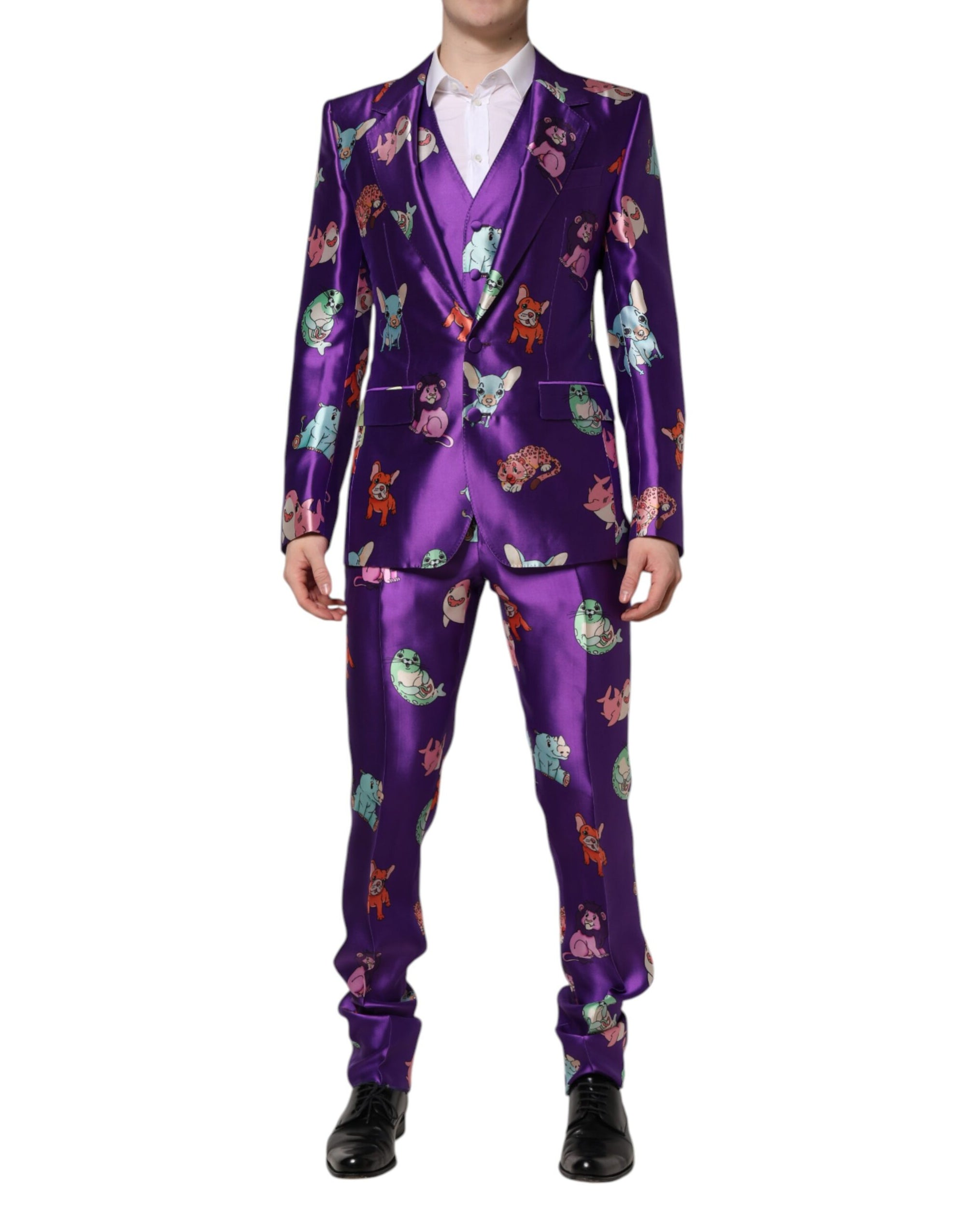 Costume 3 pièces Dolce & Gabbana en soie violette à imprimé animal