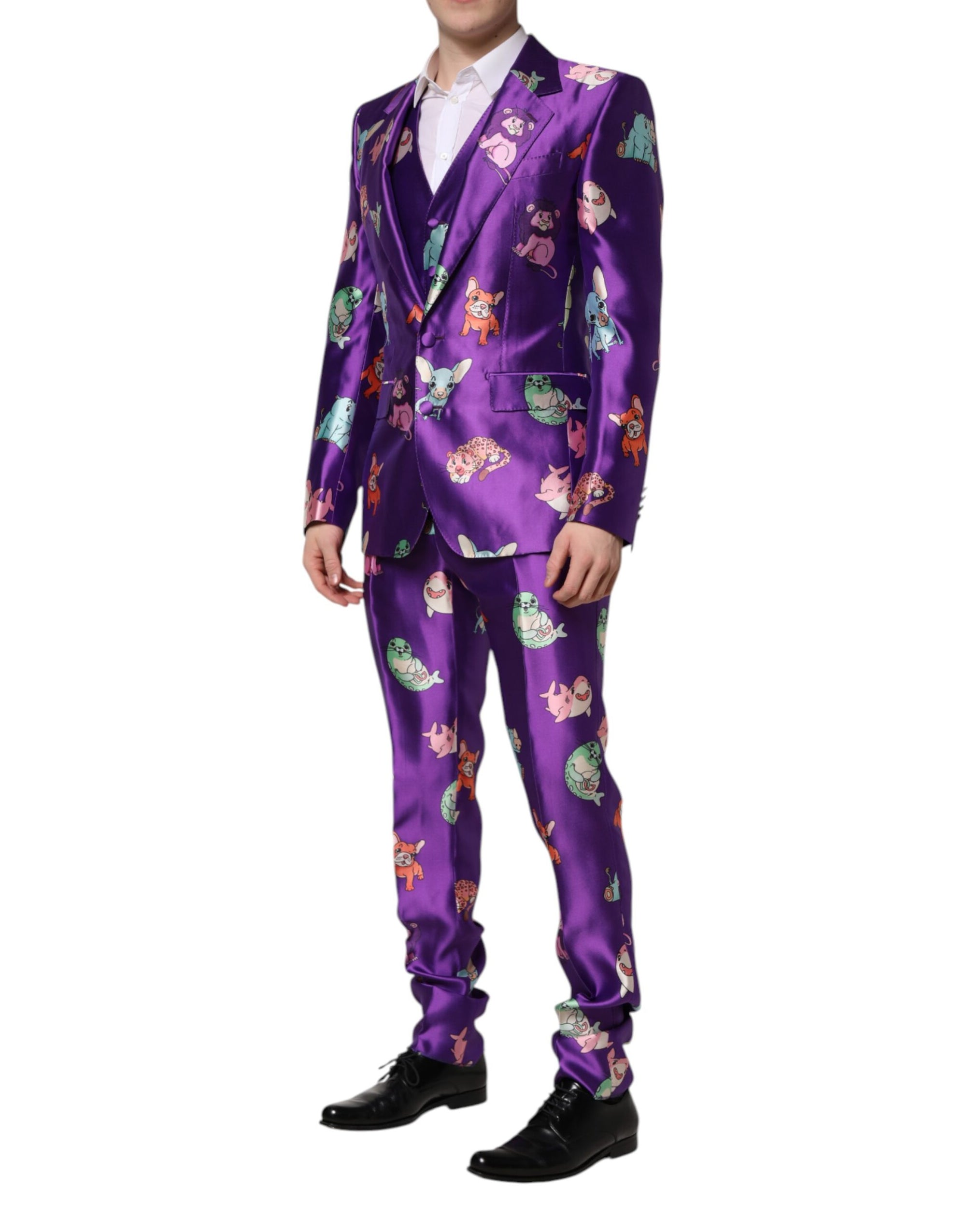 Costume 3 pièces Dolce & Gabbana en soie violette à imprimé animal