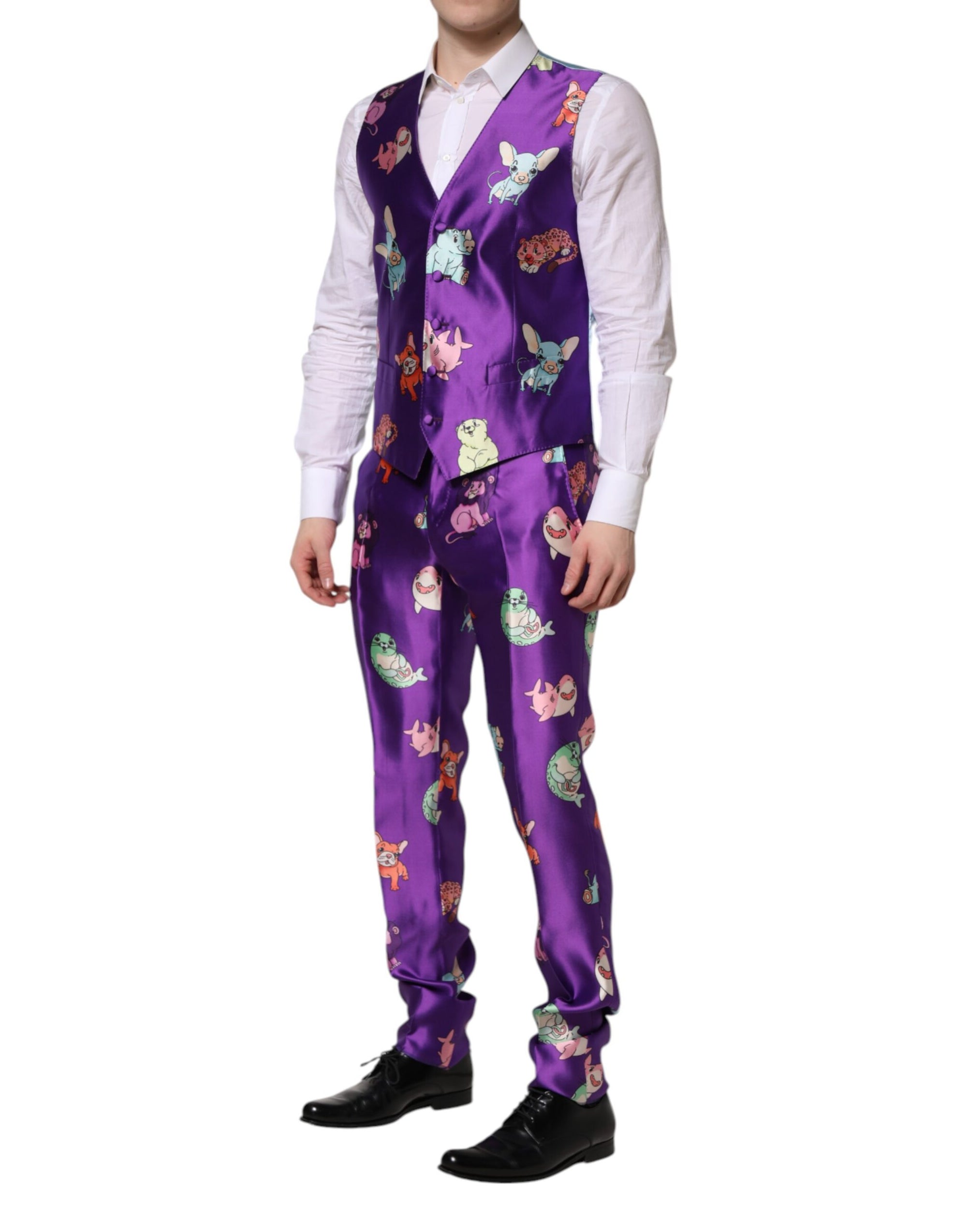 Costume 3 pièces Dolce & Gabbana en soie violette à imprimé animal