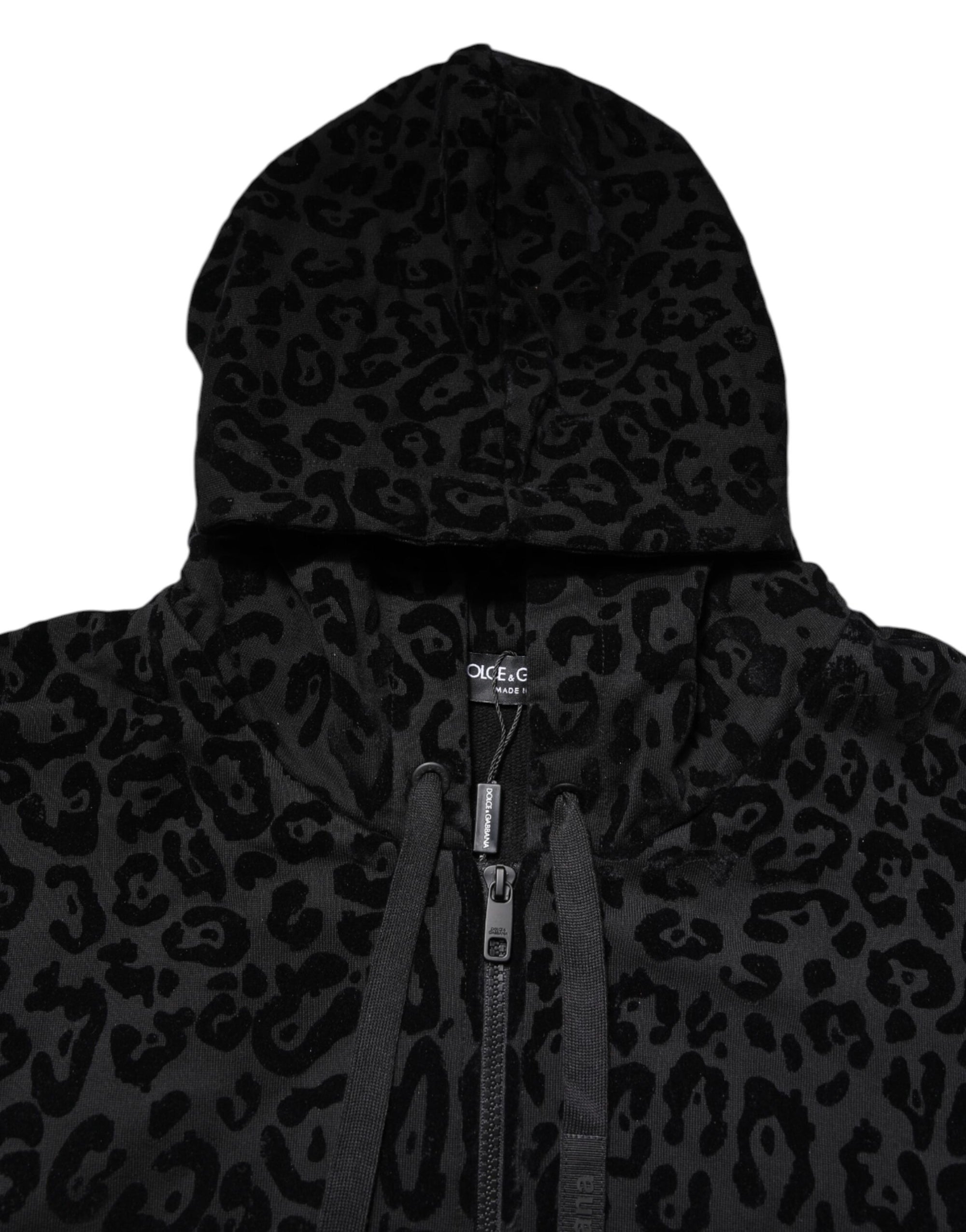 Dolce &amp; Gabbana Black Leopard Full Zip Hooded Sweatshirt Sweater