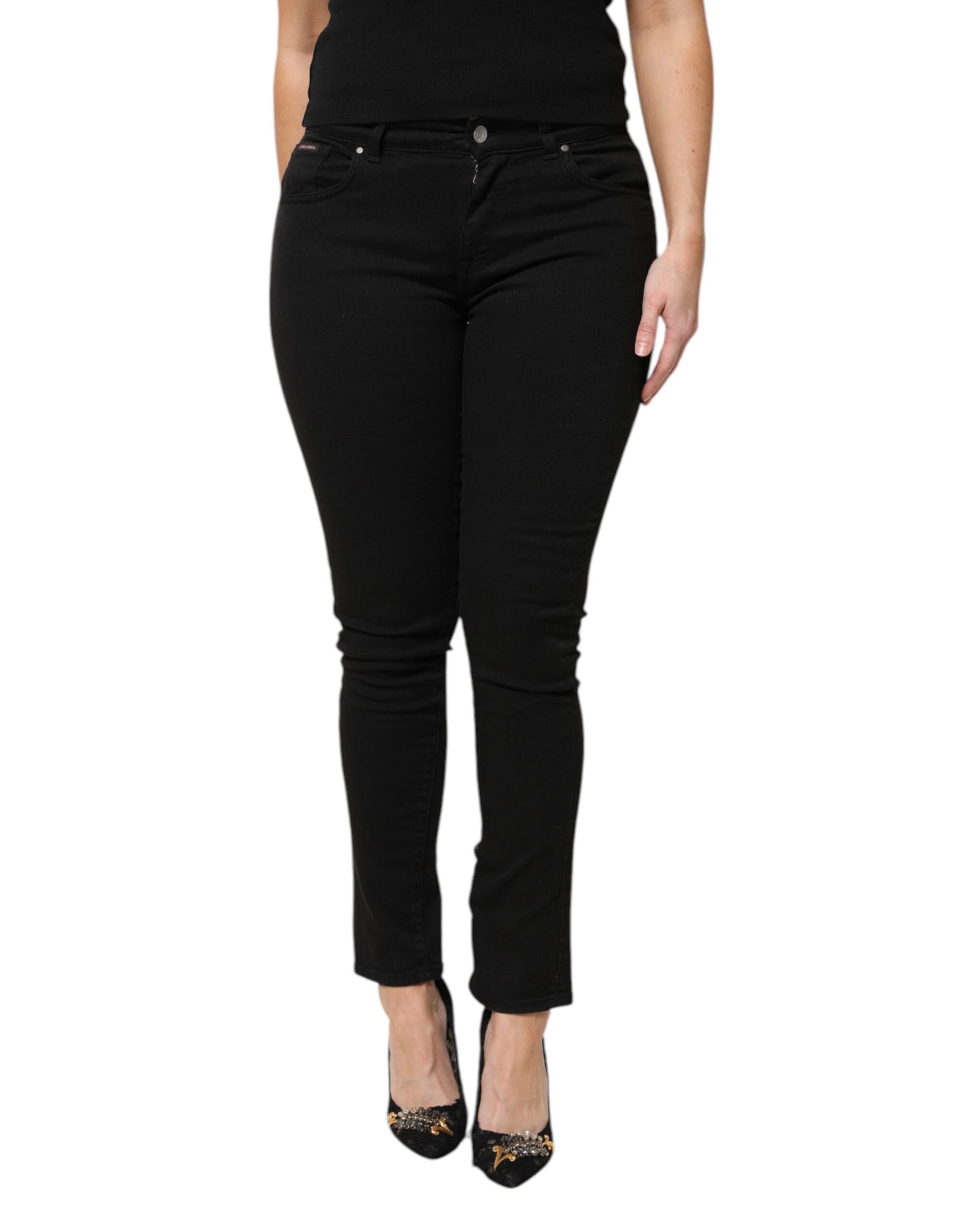 Dolce &amp; Gabbana Black Cotton Logo Mid Waist Skinny Denim Jeans