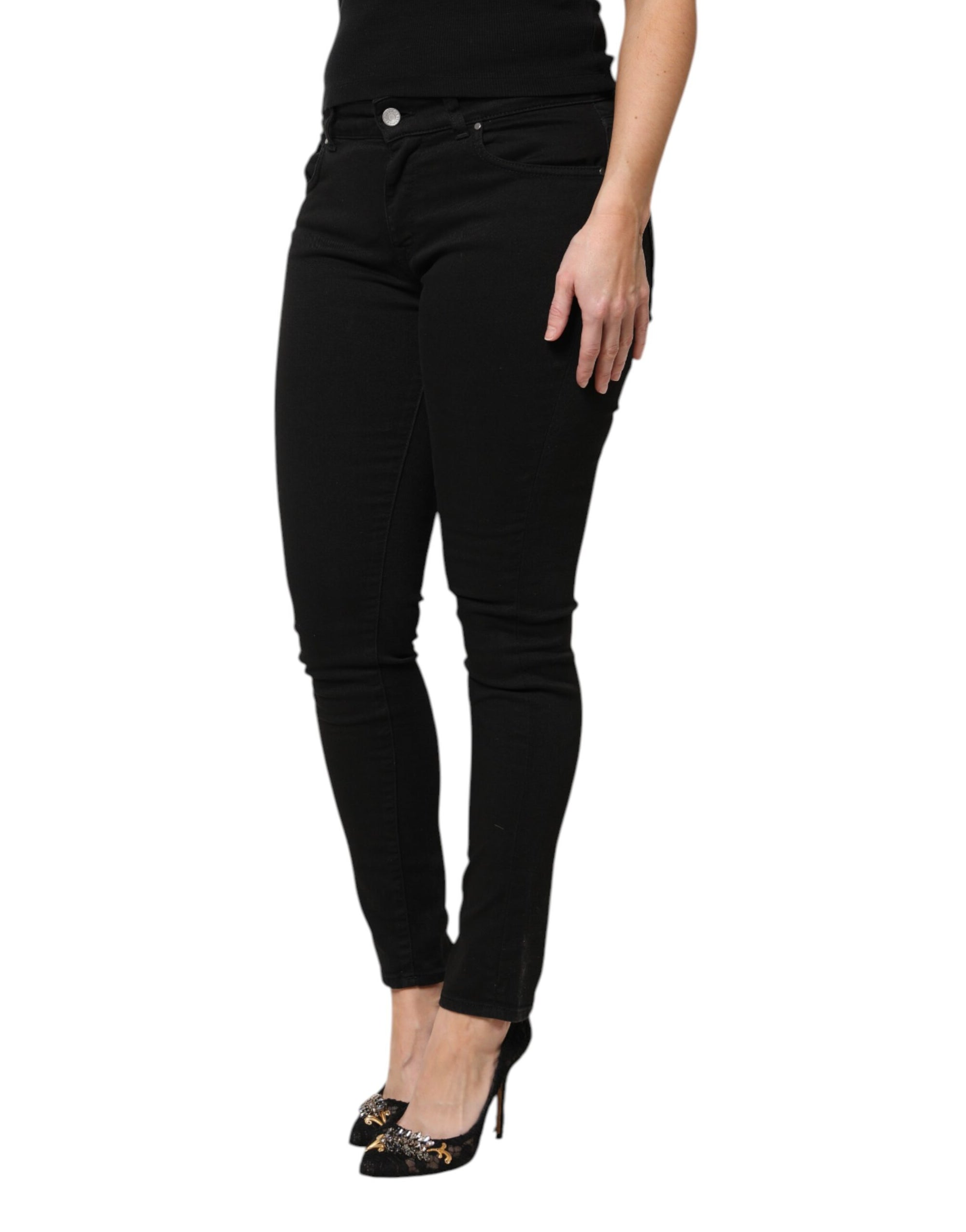Dolce &amp; Gabbana Black Cotton Logo Mid Waist Skinny Denim Jeans