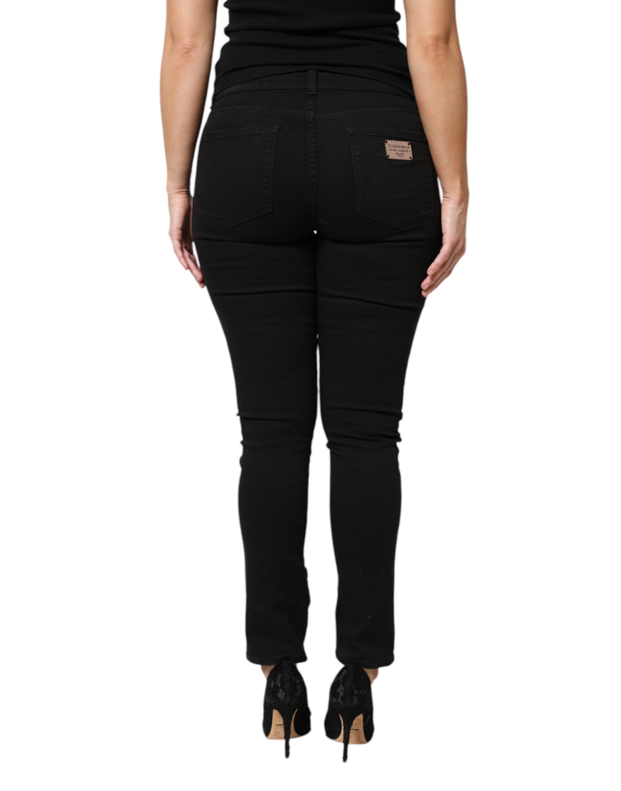 Dolce &amp; Gabbana Black Cotton Logo Mid Waist Skinny Denim Jeans