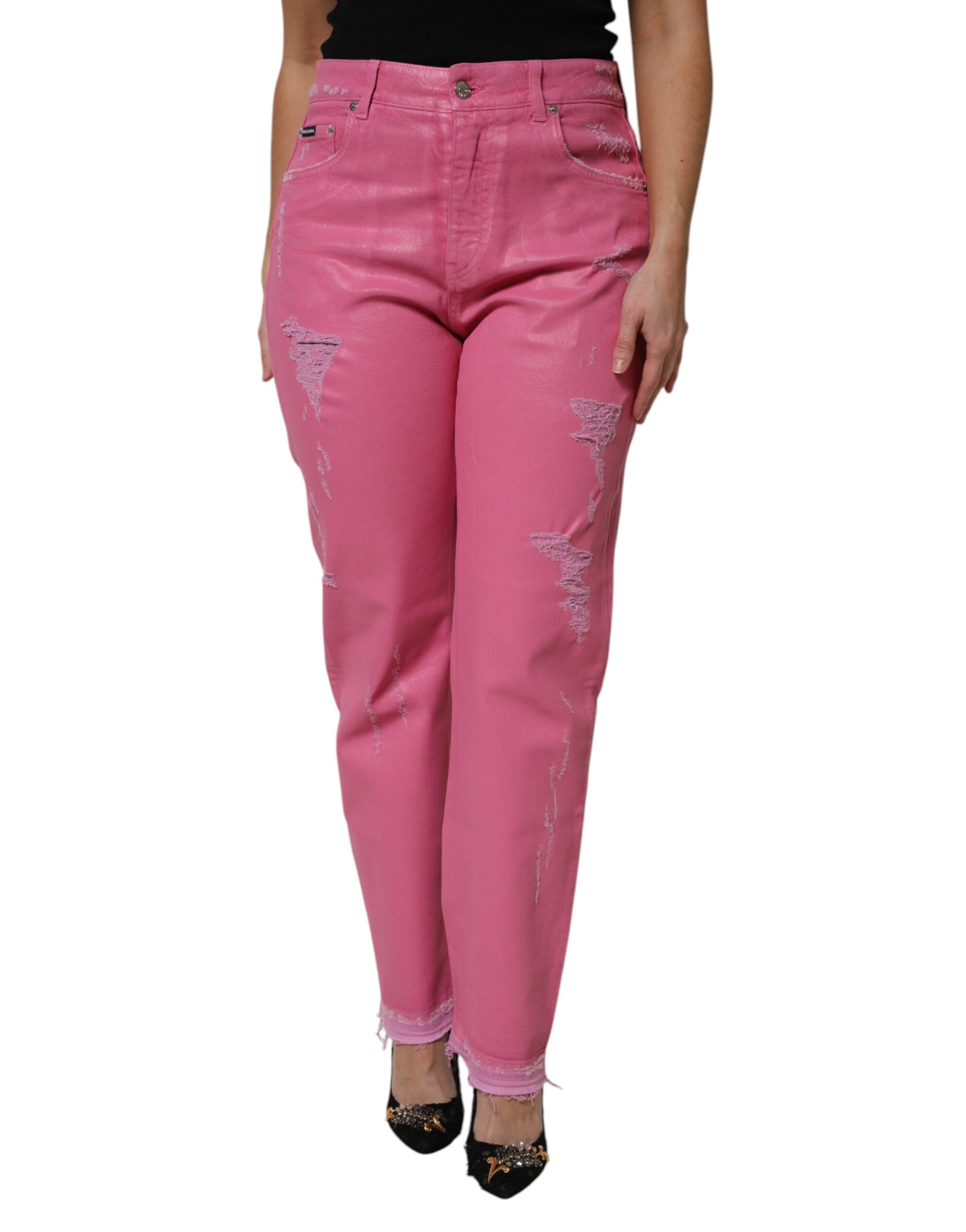 Dolce &amp; Gabbana Pink Tattered Mid Waist Tapered Denim Jeans