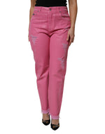 Dolce &amp; Gabbana Pink Tattered Mid Waist Tapered Denim Jeans
