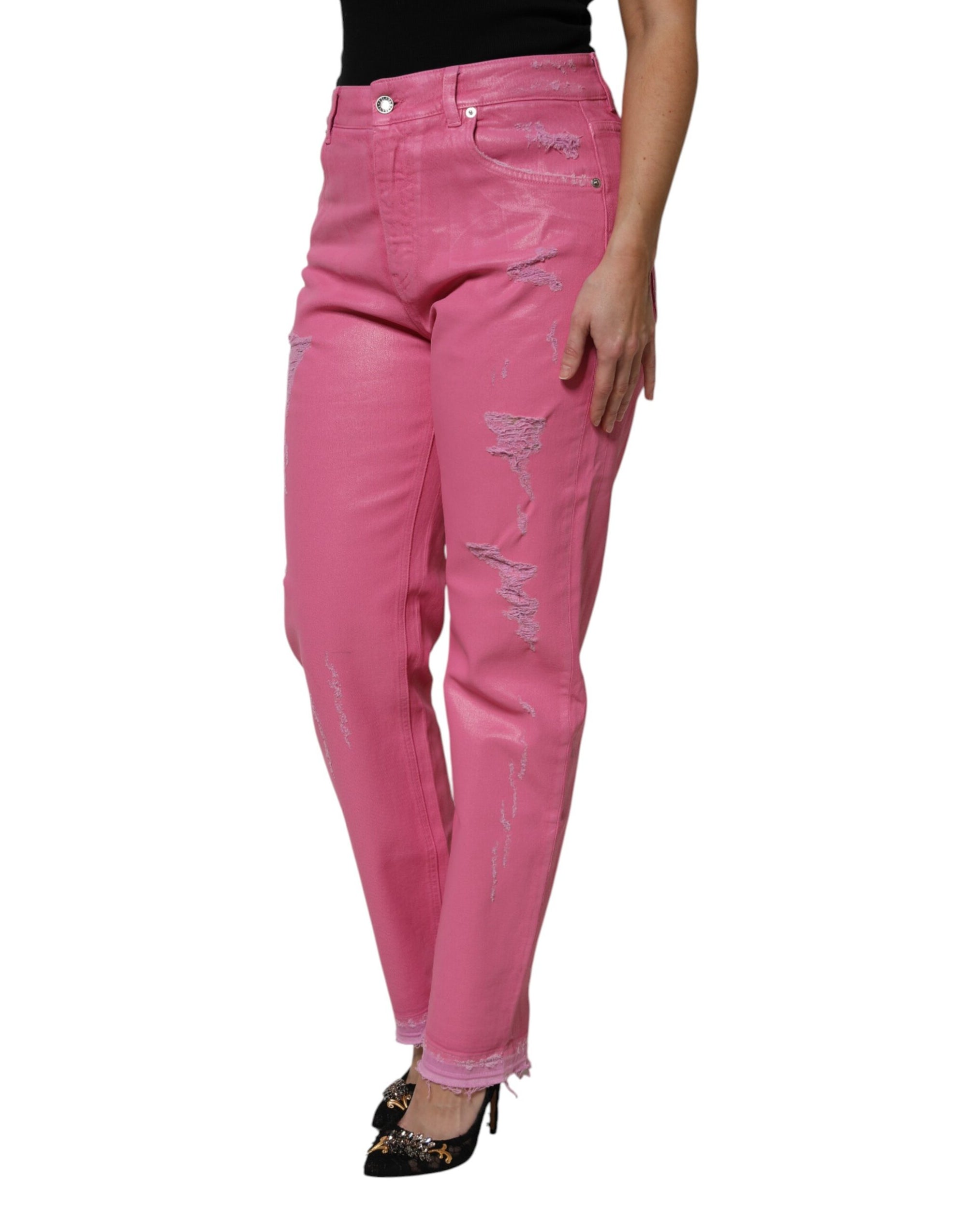 Dolce &amp; Gabbana Pink Tattered Mid Waist Tapered Denim Jeans