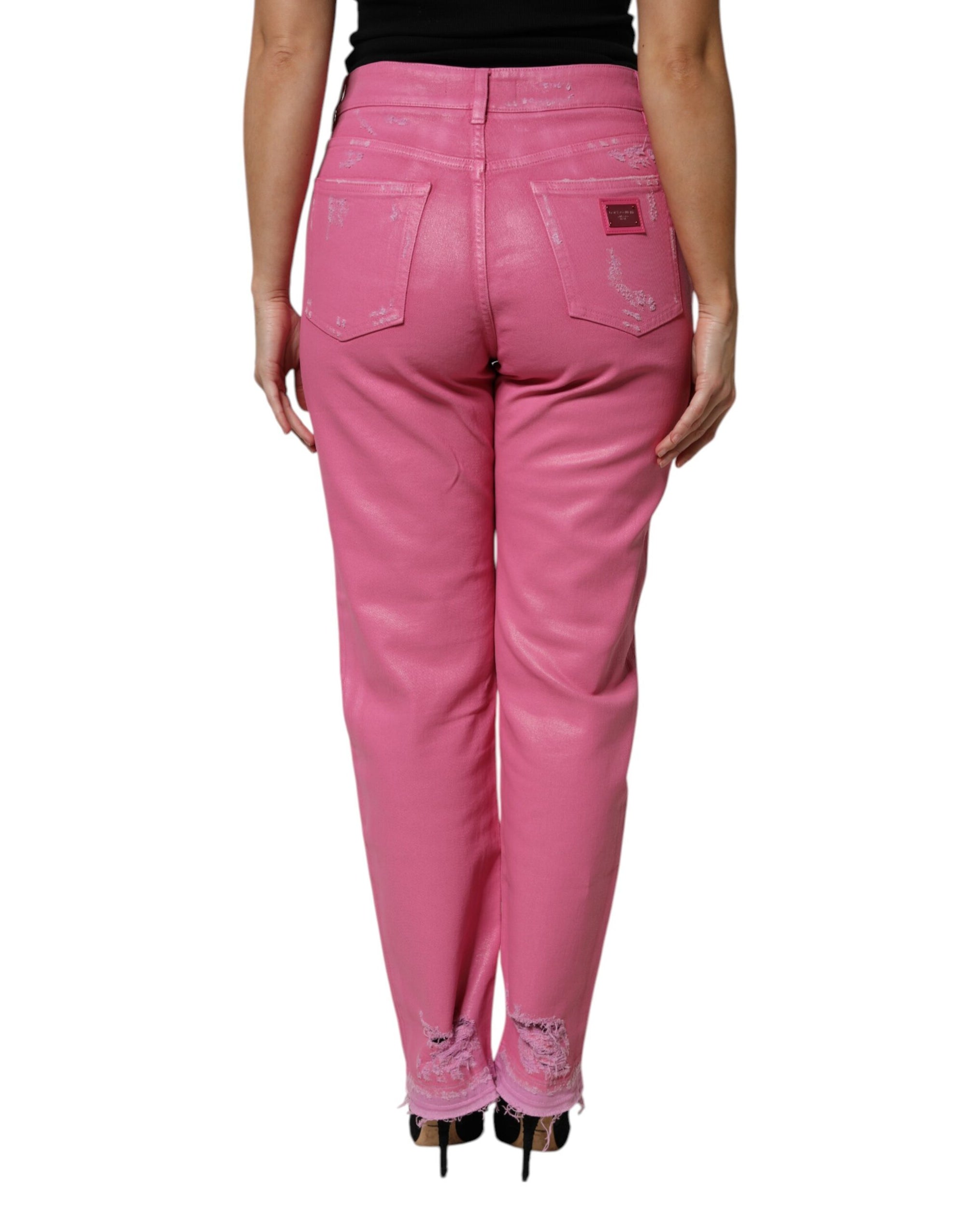 Dolce &amp; Gabbana Pink Tattered Mid Waist Tapered Denim Jeans