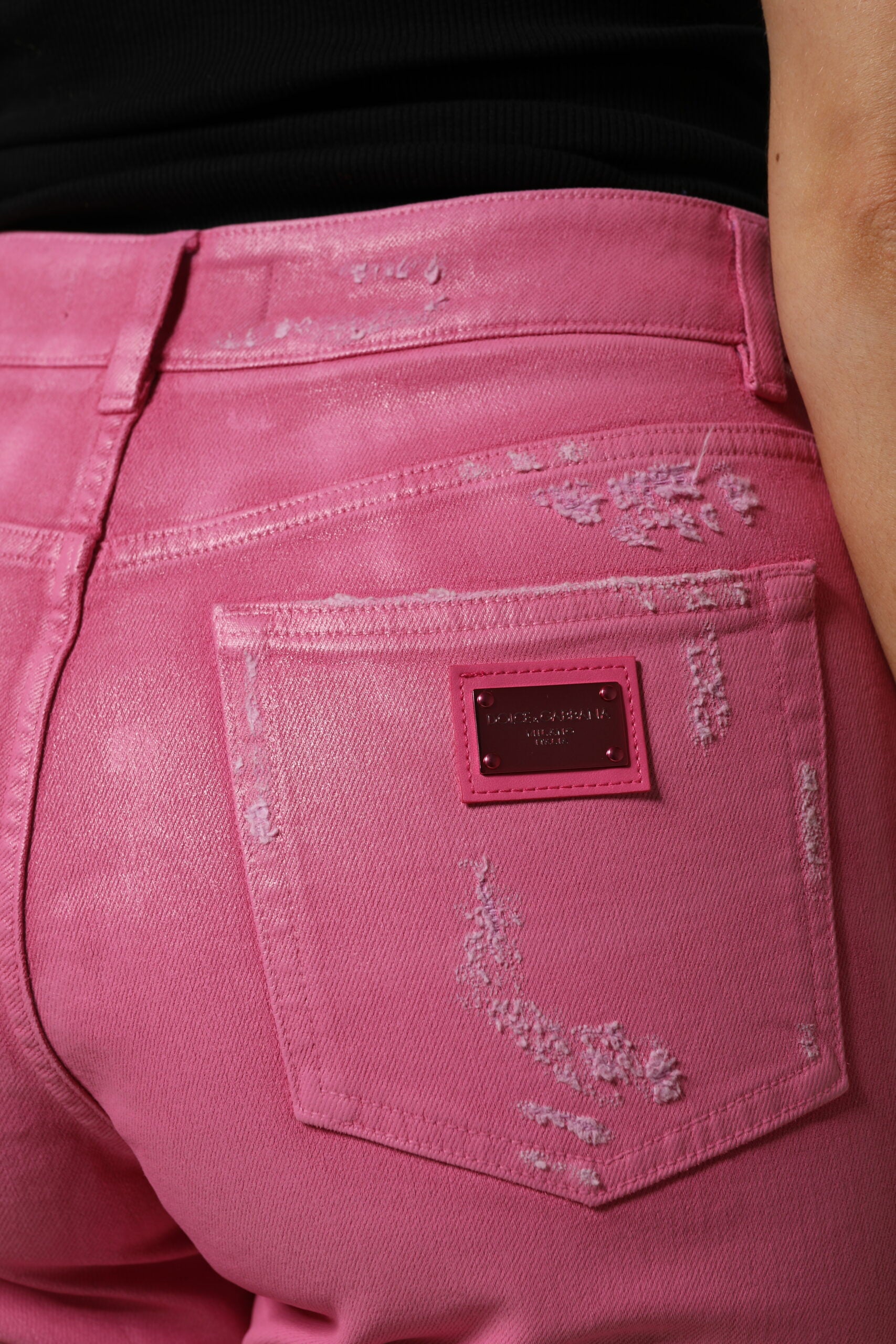 Dolce &amp; Gabbana Pink Tattered Mid Waist Tapered Denim Jeans