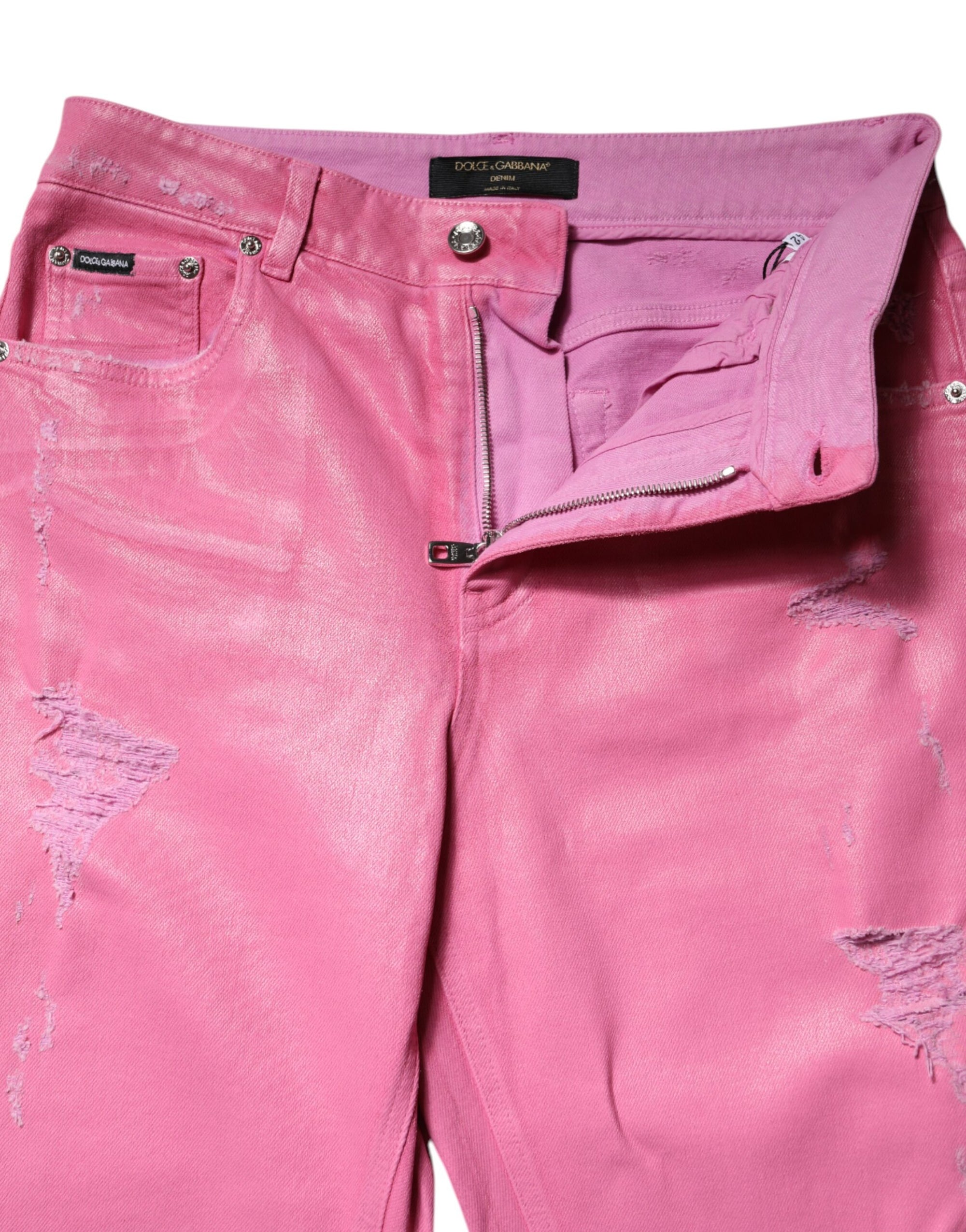 Dolce &amp; Gabbana Pink Tattered Mid Waist Tapered Denim Jeans