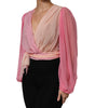 Dolce & Gabbana Pink Plunging V-neck Long Sleeves Blouse Top