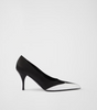 Prada Black Satin And Metallic Silver Leather Pumps
