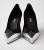 Prada Black Satin And Metallic Silver Leather Pumps