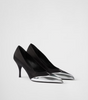 Prada Black Satin And Metallic Silver Leather Pumps