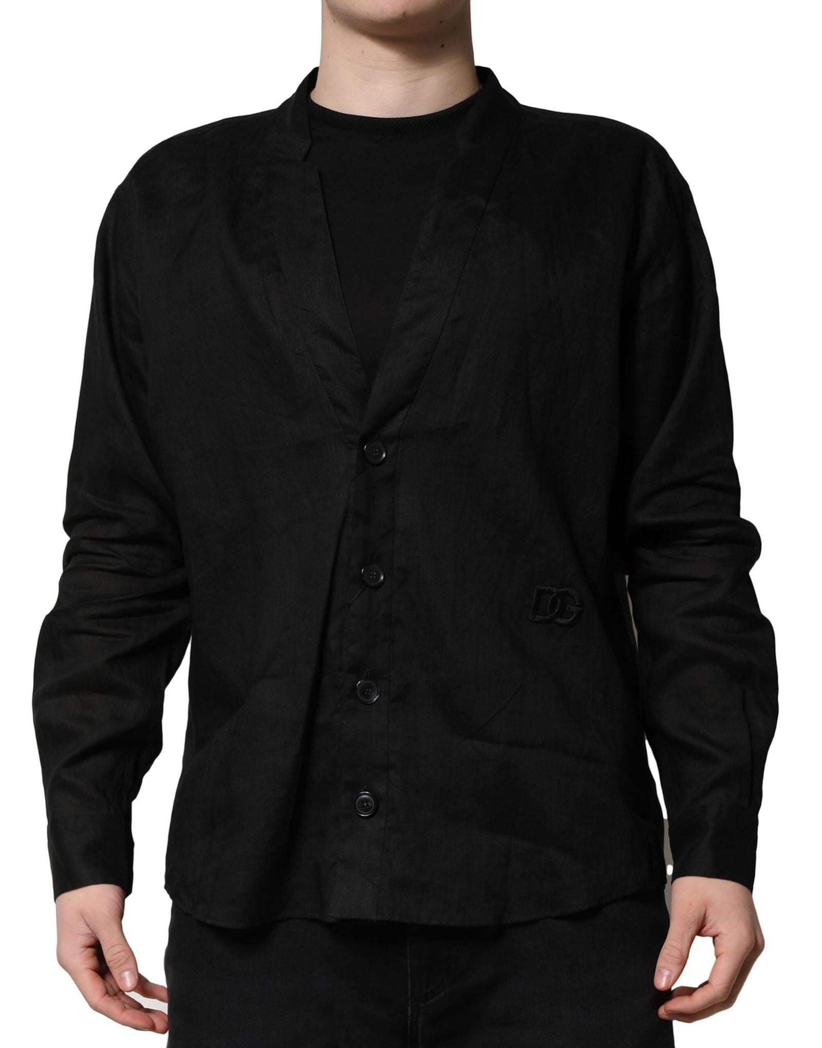 Chemise décontractée à manches longues en lin noir Dolce & Gabbana pour homme