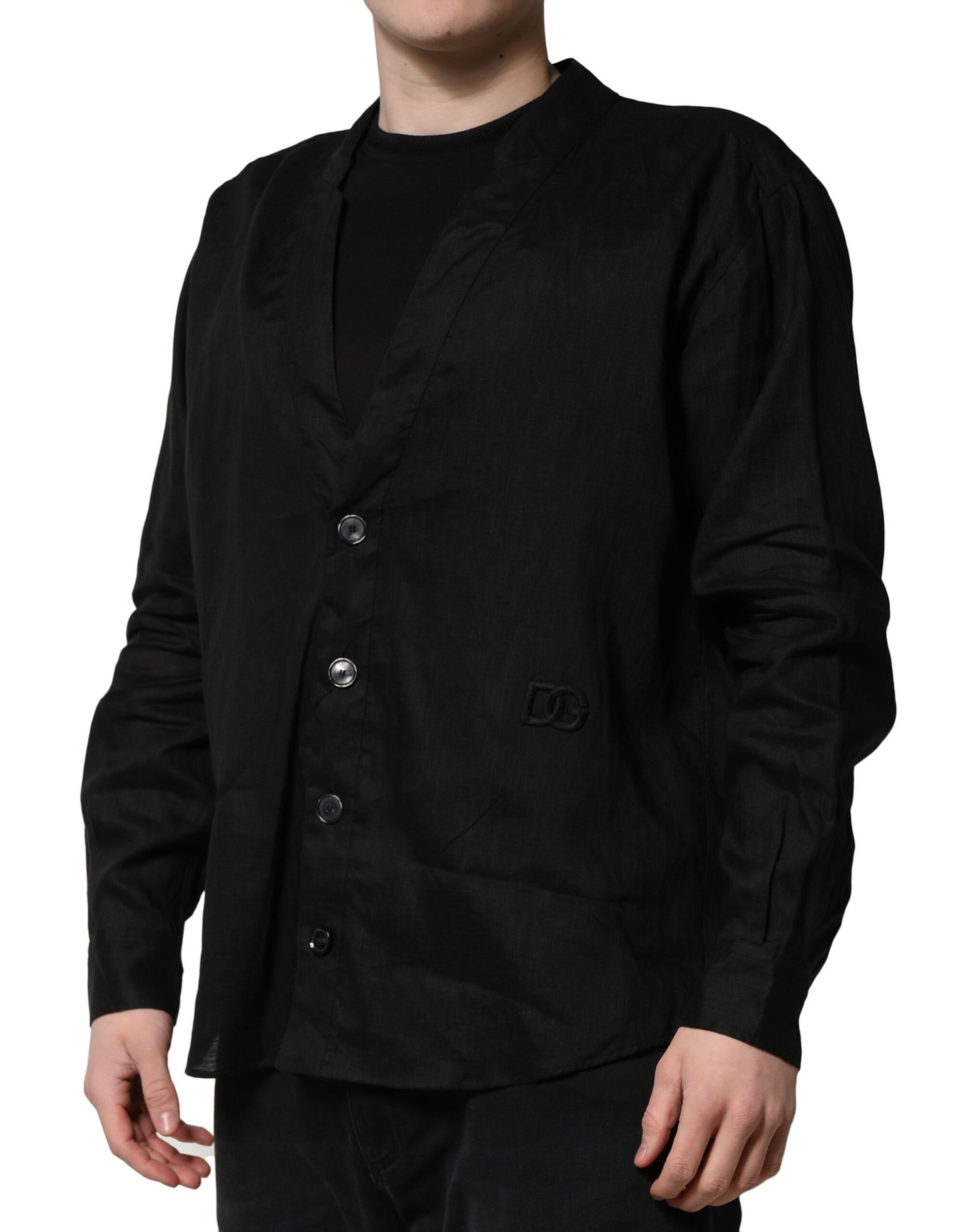 Chemise décontractée à manches longues en lin noir Dolce & Gabbana pour homme
