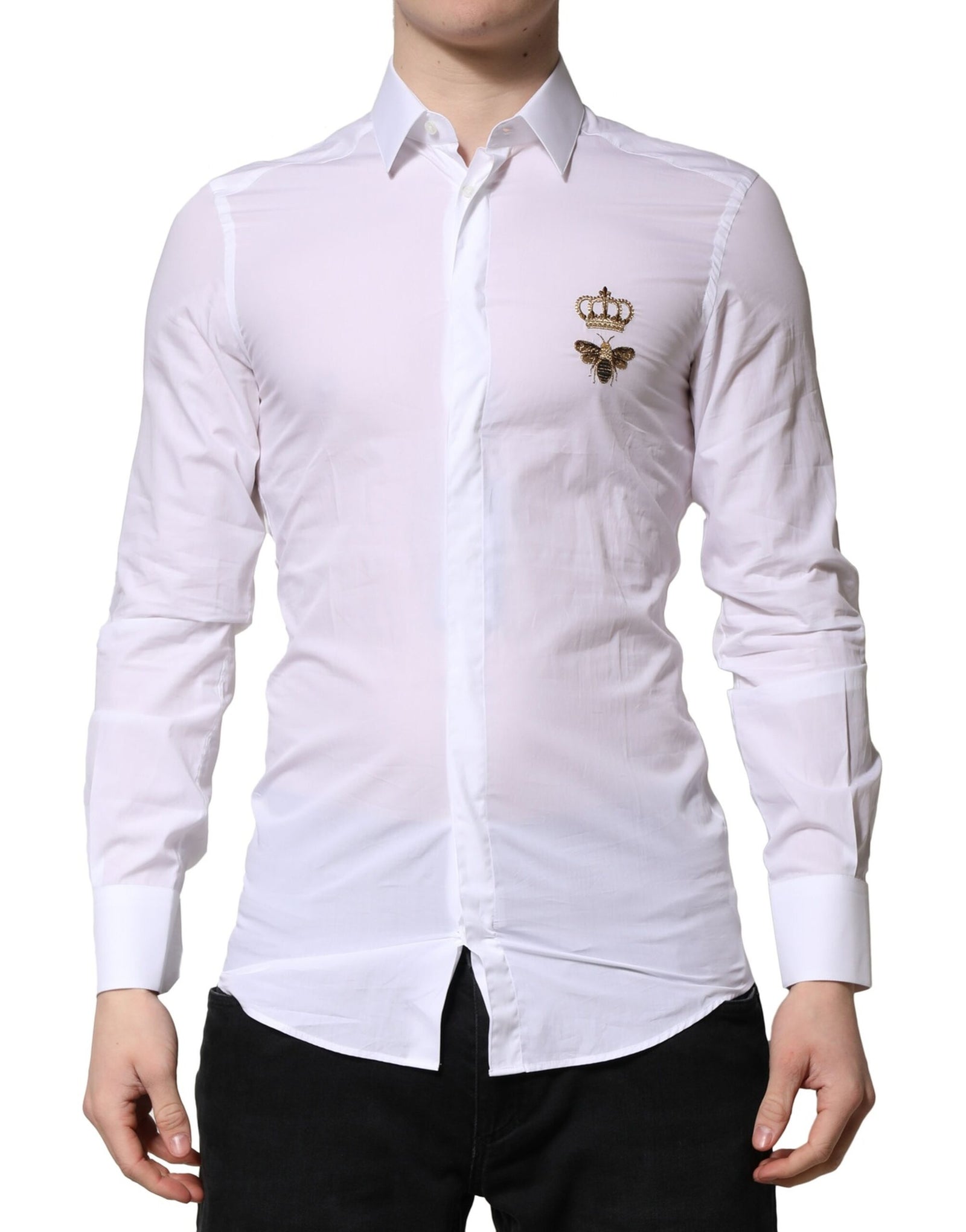 Chemise habillée pour homme Dolce & Gabbana blanche et dorée avec motif couronne et abeille