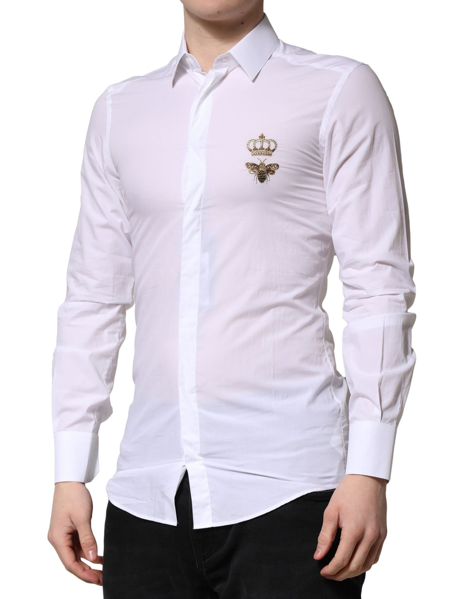 Chemise habillée pour homme Dolce &amp; Gabbana blanche et dorée avec motif couronne et abeille