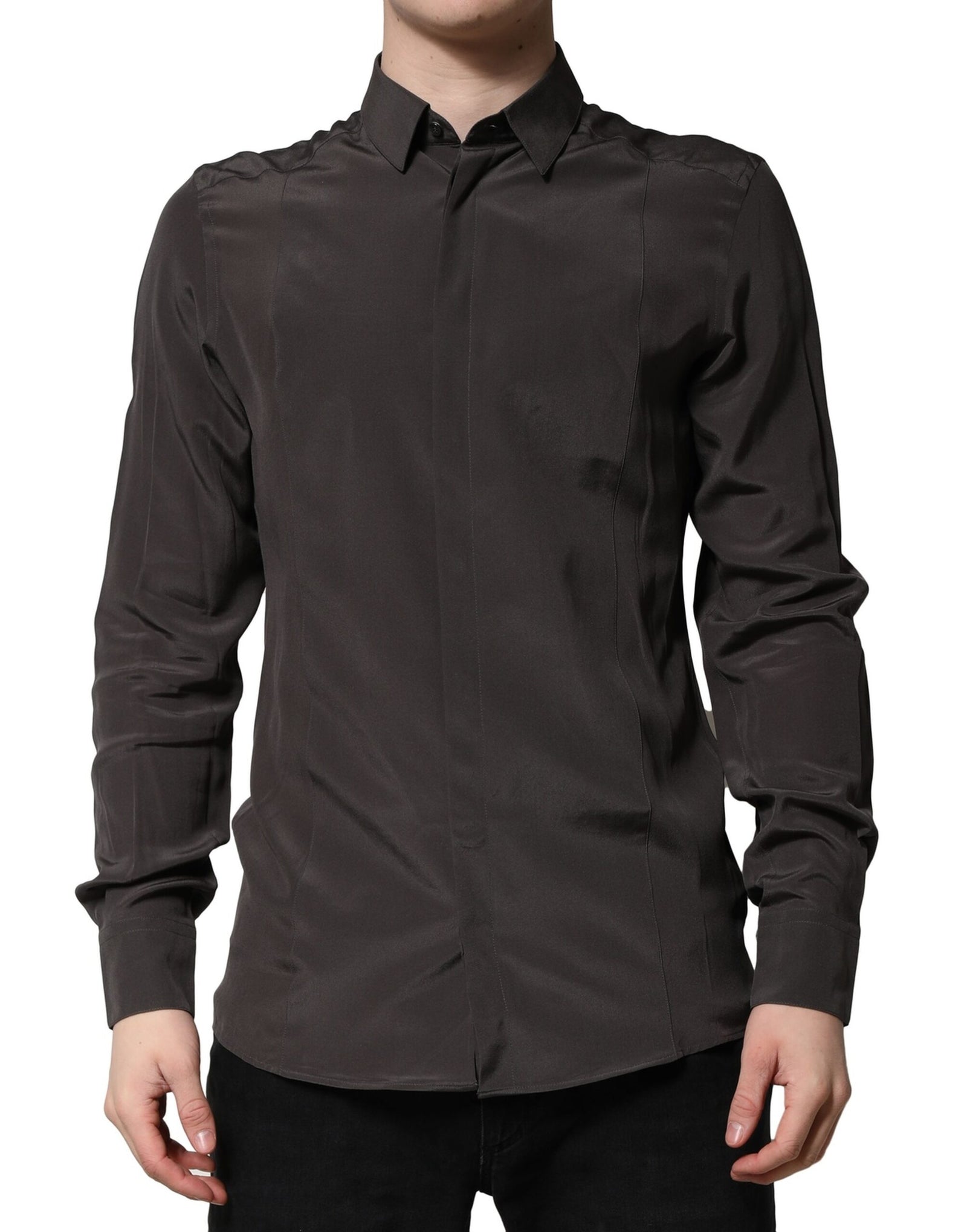 Chemise habillée marron foncé en soie dorée pour homme Dolce &amp; Gabbana