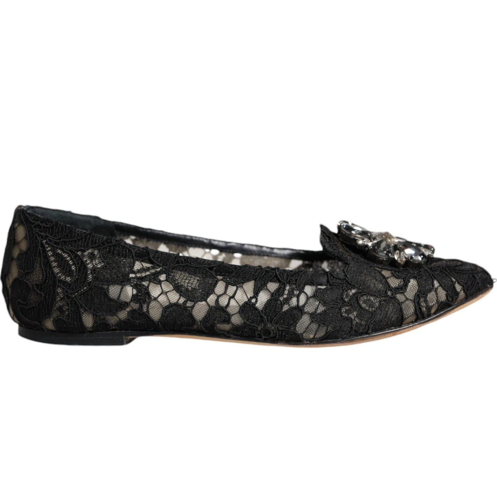 Dolce &amp; Gabbana Black Lace Crystal Ballet Flats Loafer Shoes