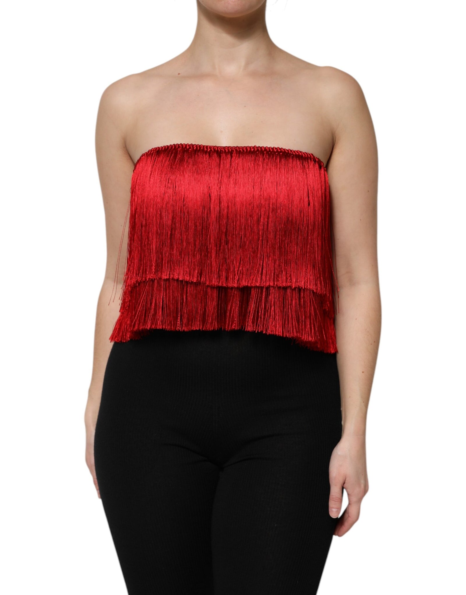 Dolce &amp; Gabbana - Haut court bustier en soie rouge à franges