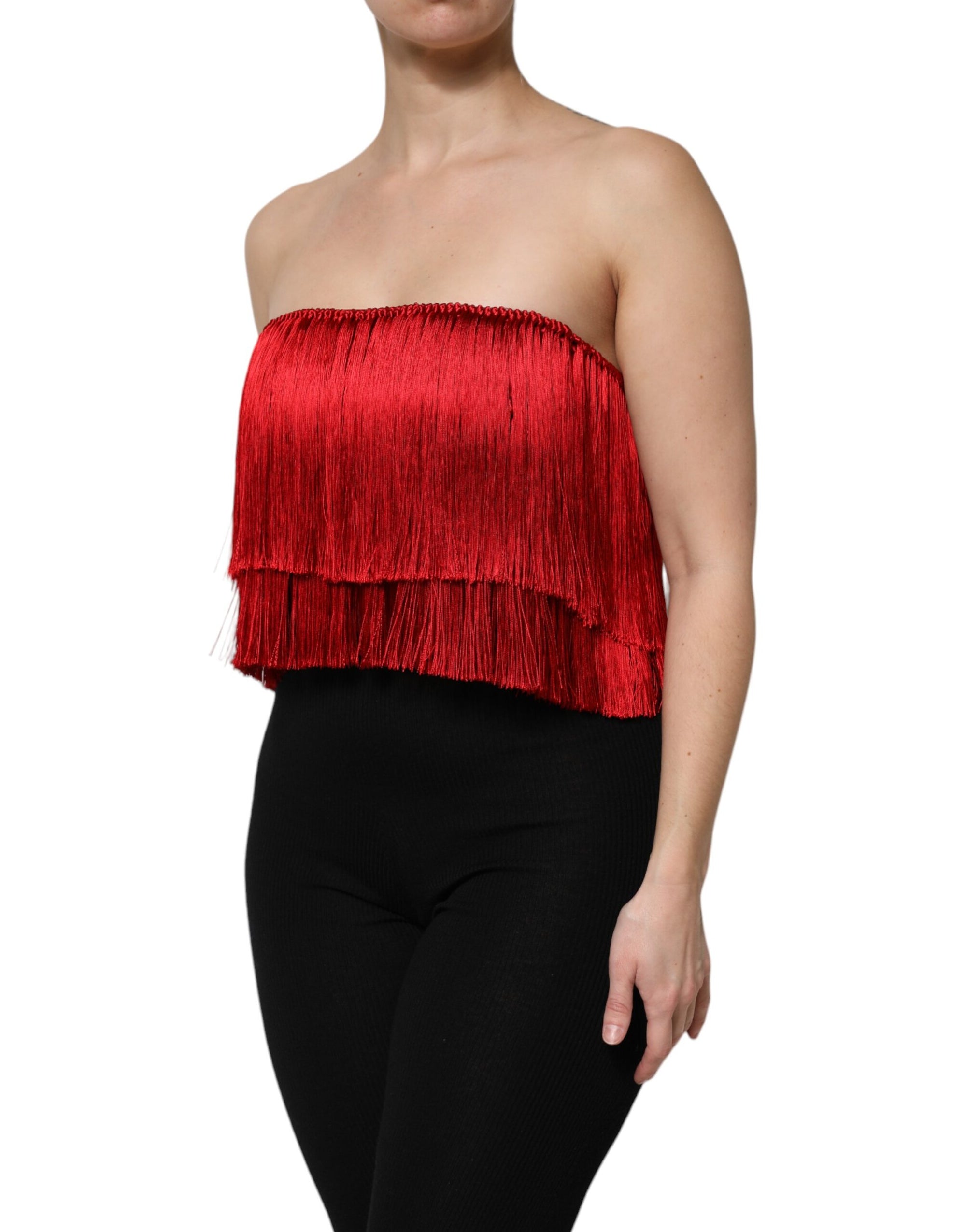Dolce &amp; Gabbana - Haut court bustier en soie rouge à franges