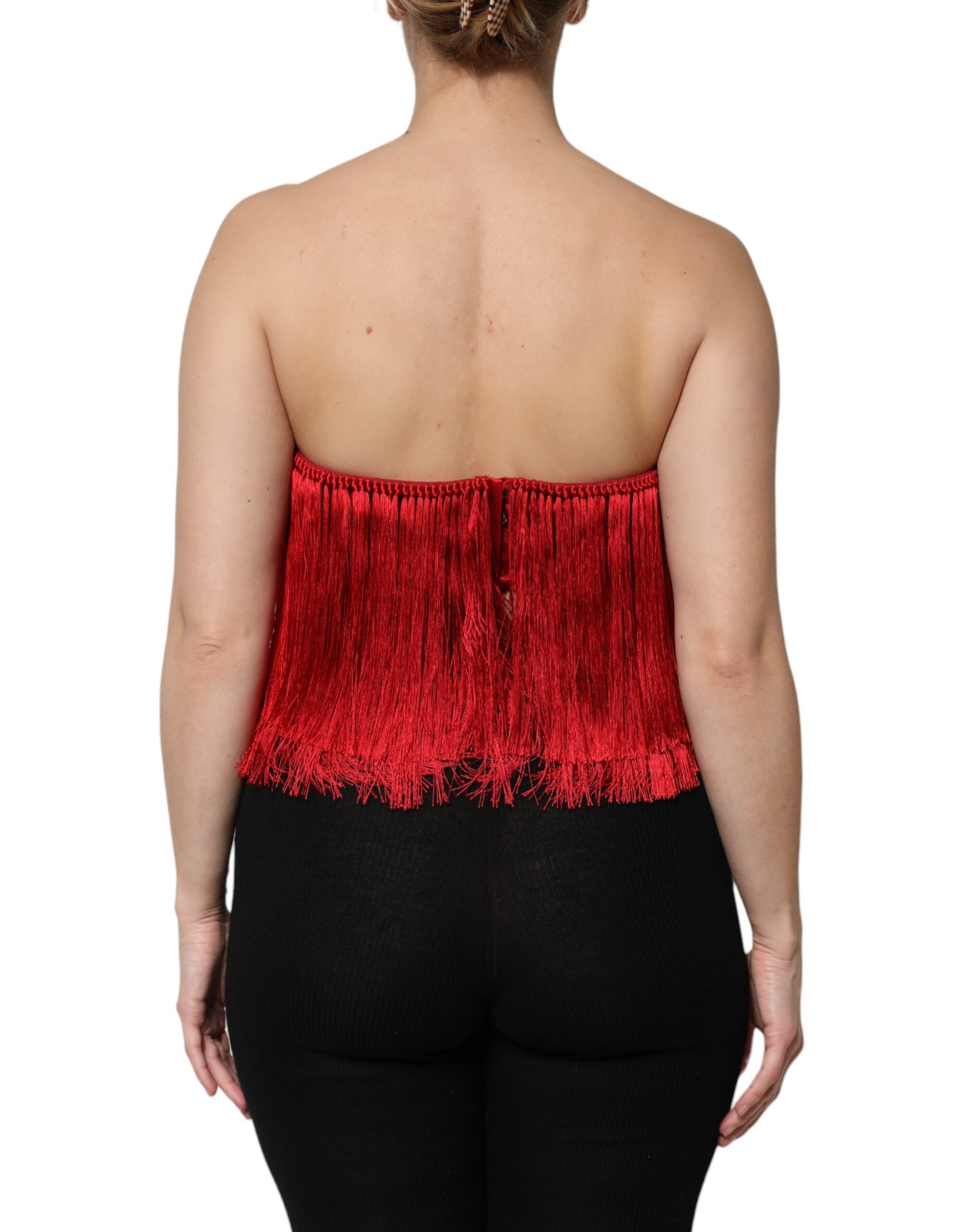 Dolce &amp; Gabbana - Haut court bustier en soie rouge à franges