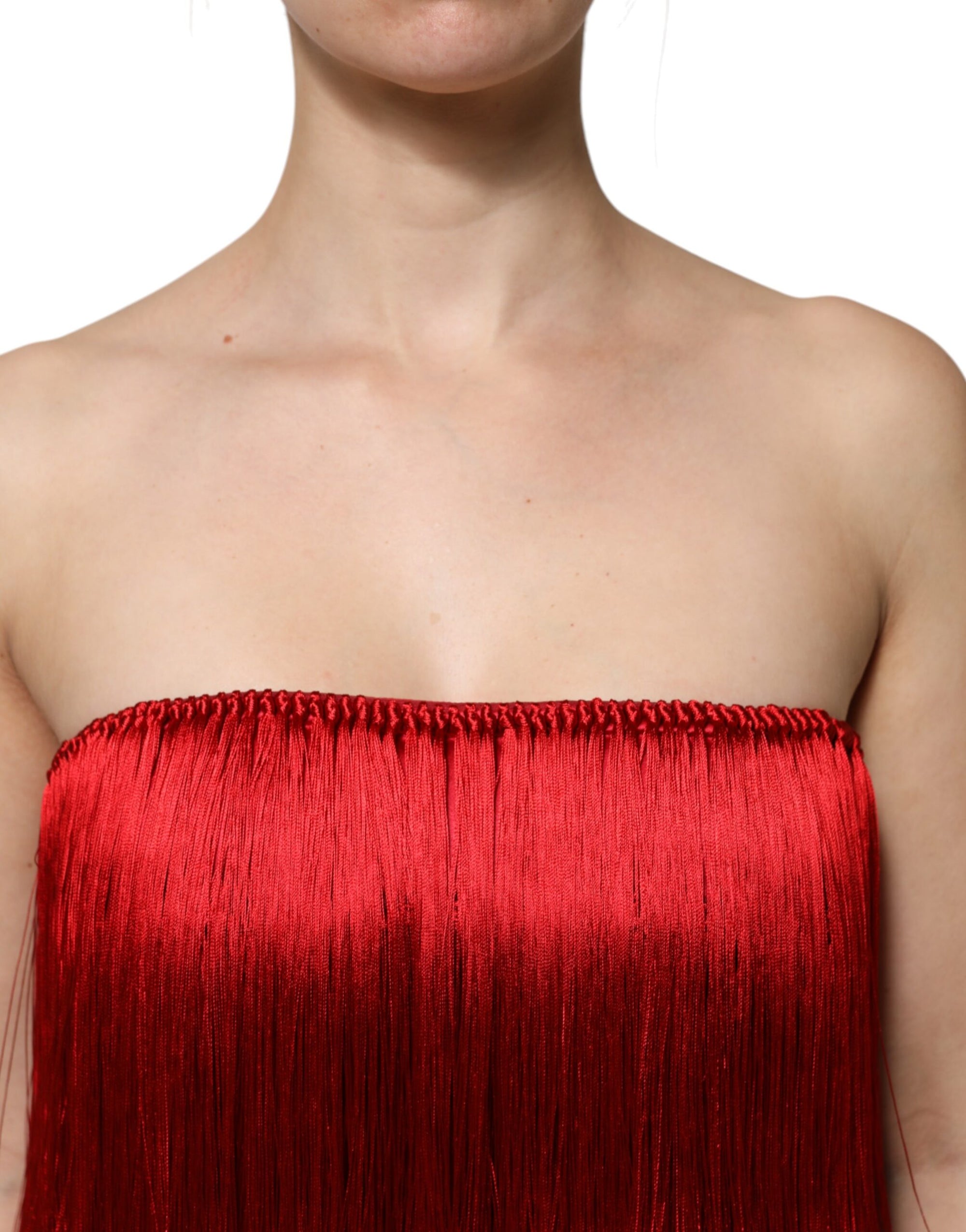 Dolce &amp; Gabbana - Haut court bustier en soie rouge à franges