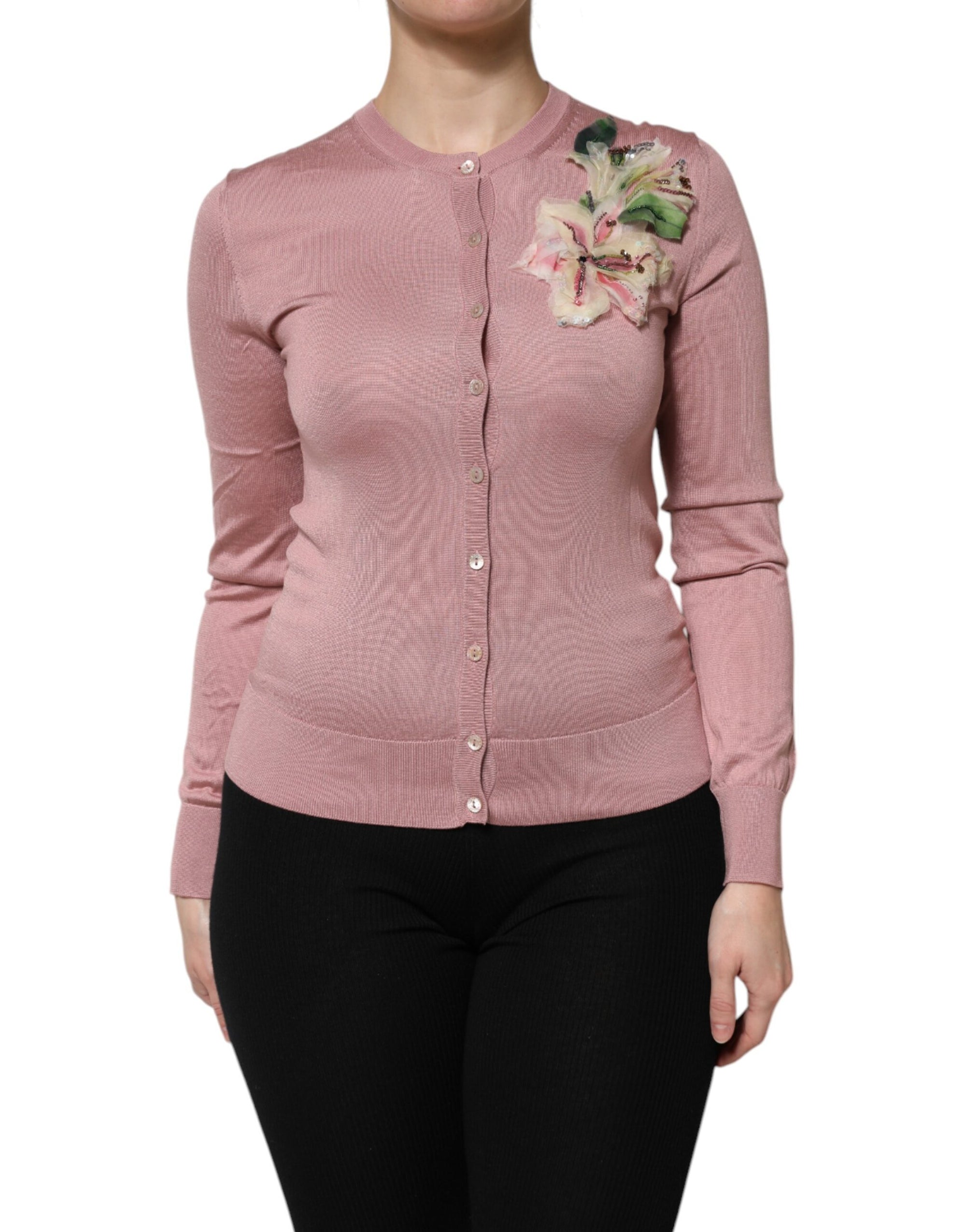 Dolce &amp; Gabbana Pink Silk Knit Button Down Cardigan Sweater