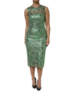 Robe fourreau mi-longue en coton vert à fleurs et dentelle Dolce & Gabbana
