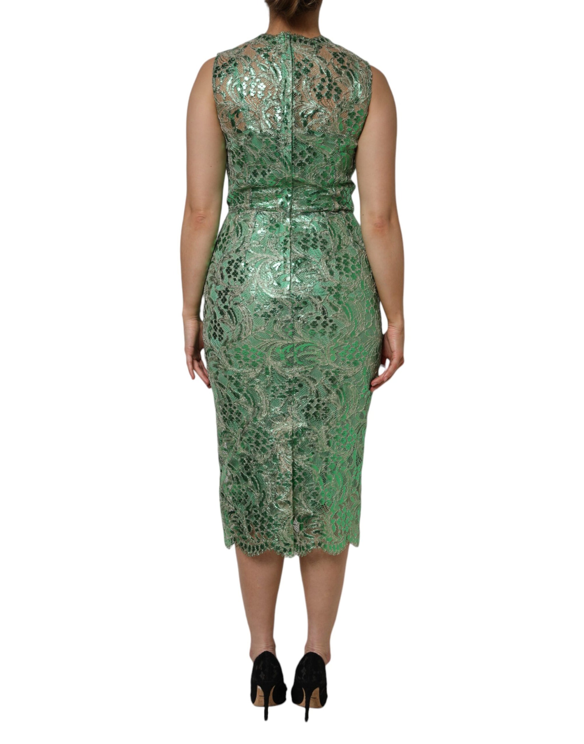 Robe fourreau mi-longue en coton vert à fleurs et dentelle Dolce & Gabbana