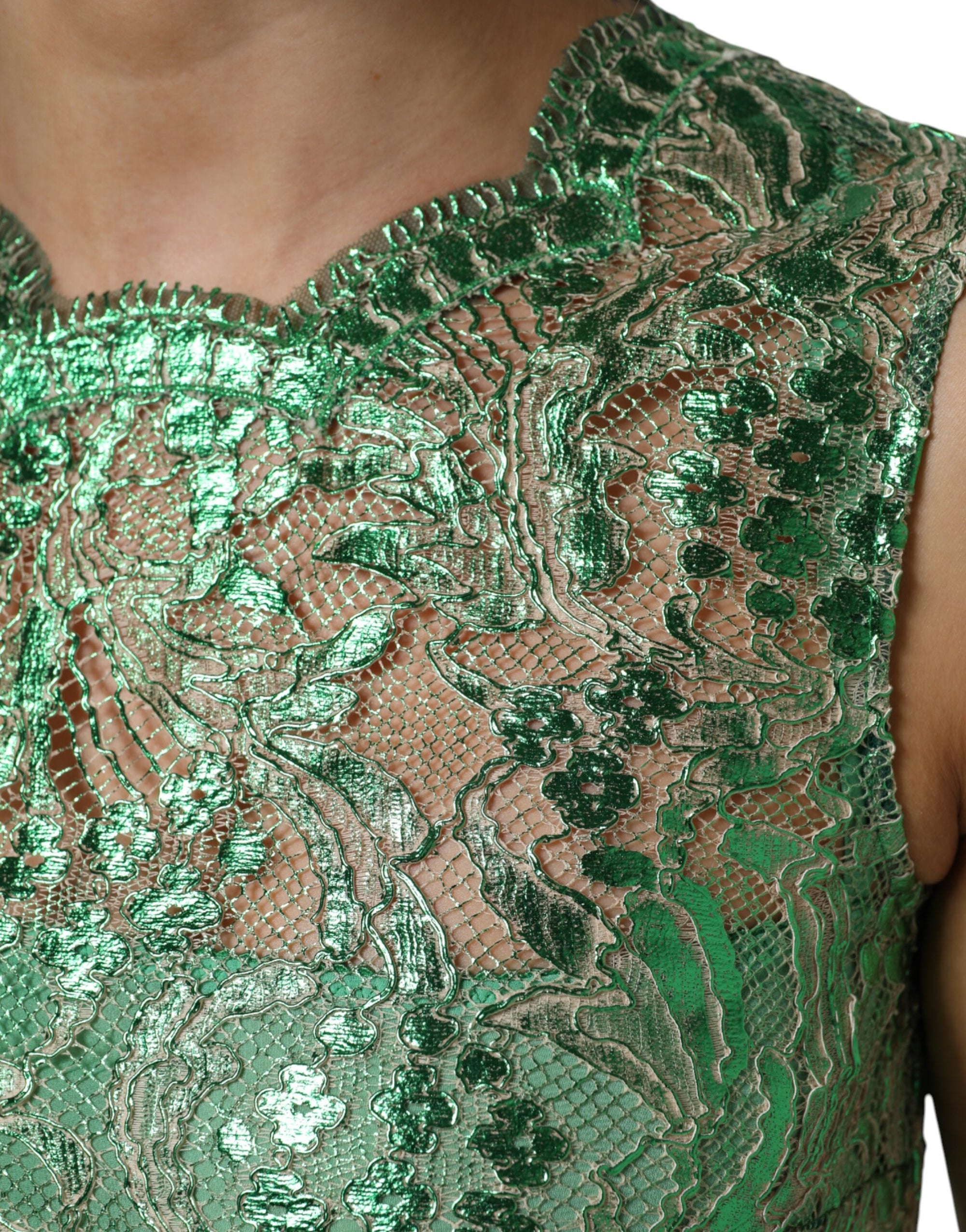 Robe fourreau mi-longue en coton vert à fleurs et dentelle Dolce & Gabbana