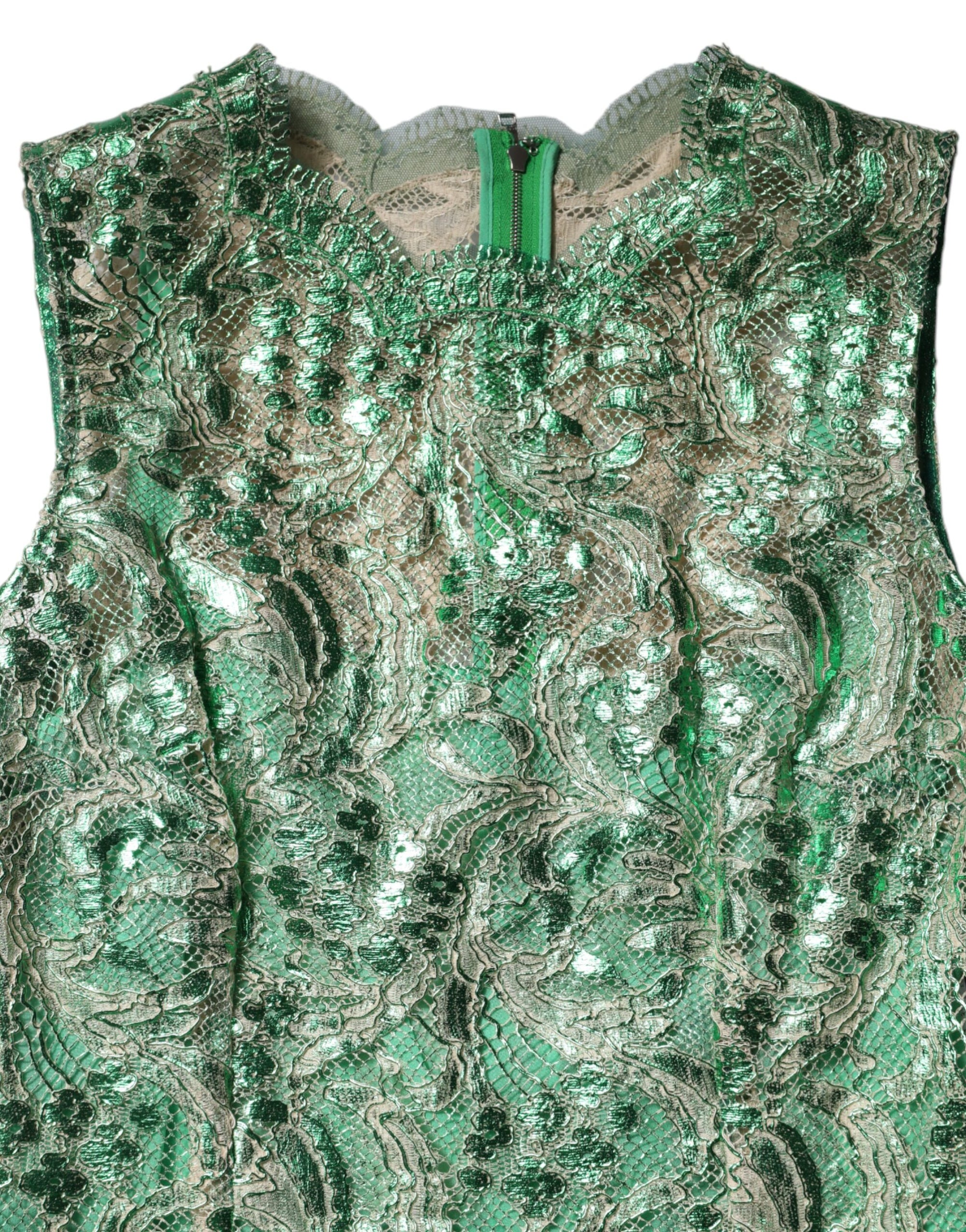 Robe fourreau mi-longue en coton vert à fleurs et dentelle Dolce & Gabbana