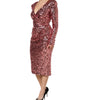Dolce & Gabbana Pink Sequin Statement Nylon Midi V-Neck Dress