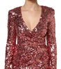 Dolce & Gabbana Pink Sequin Statement Nylon Midi V-Neck Dress