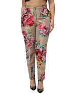 Dolce &amp; Gabbana Beige Floral Print Women High Waist Pants