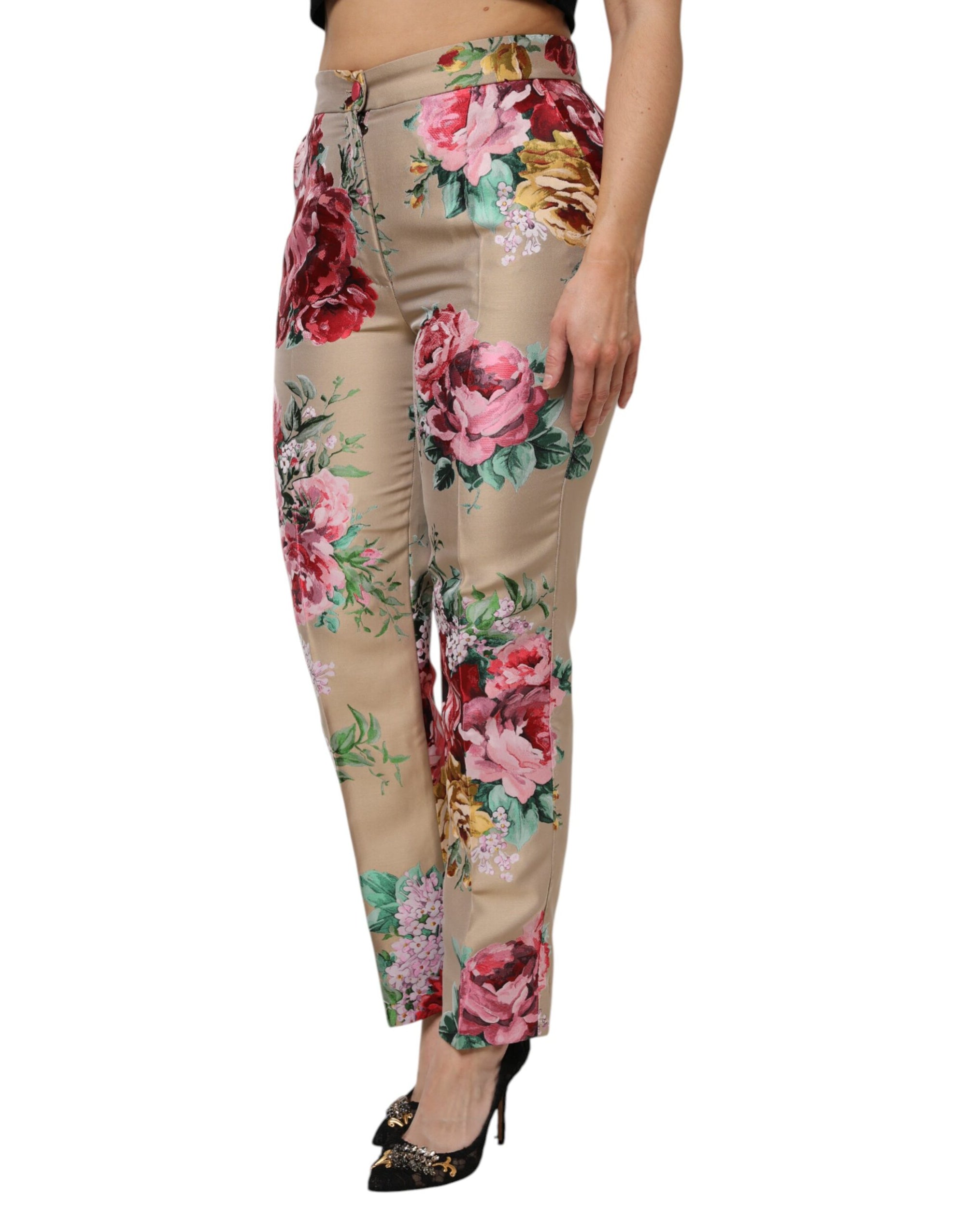 Dolce &amp; Gabbana Beige Floral Print Women High Waist Pants