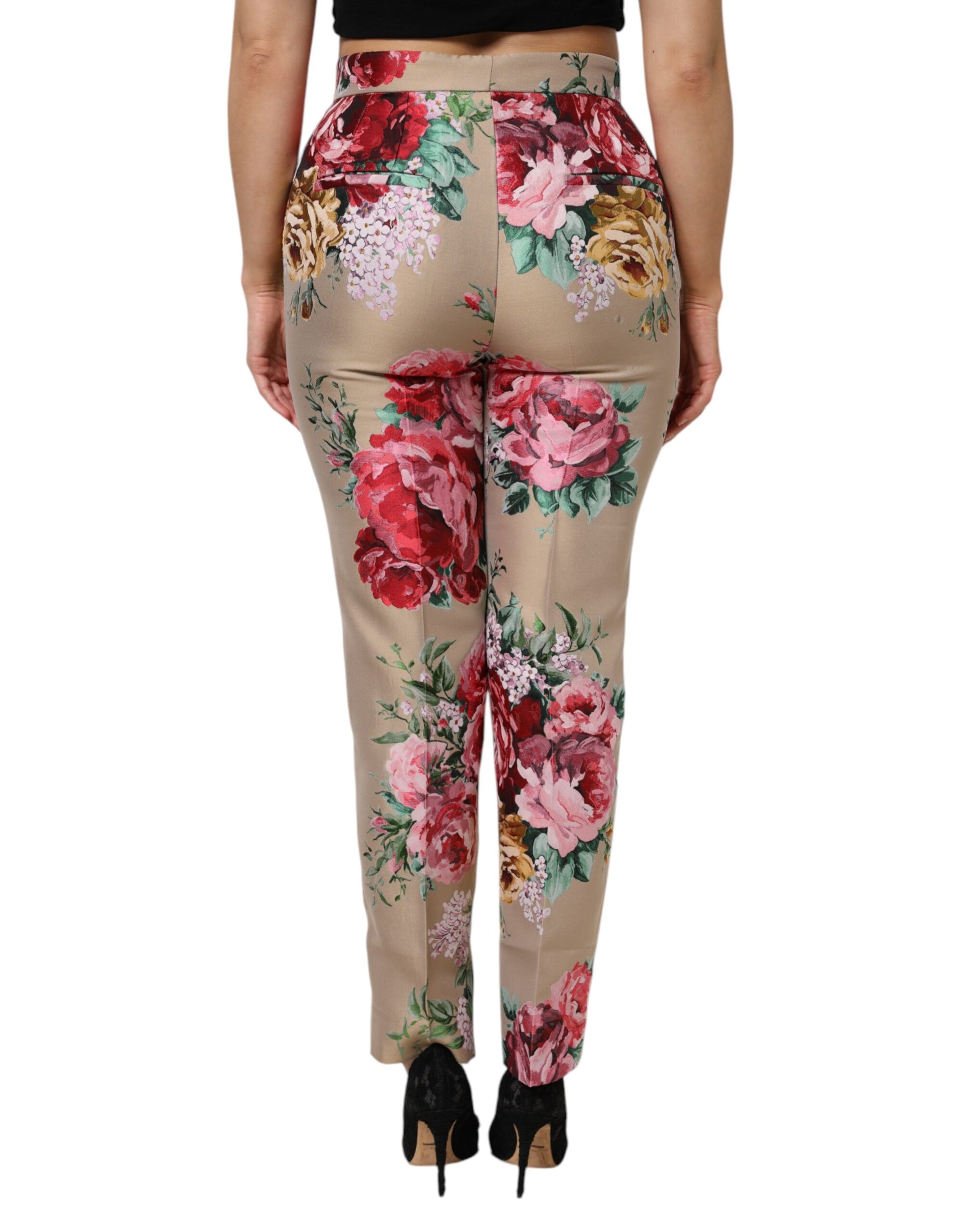 Dolce &amp; Gabbana Beige Floral Print Women High Waist Pants