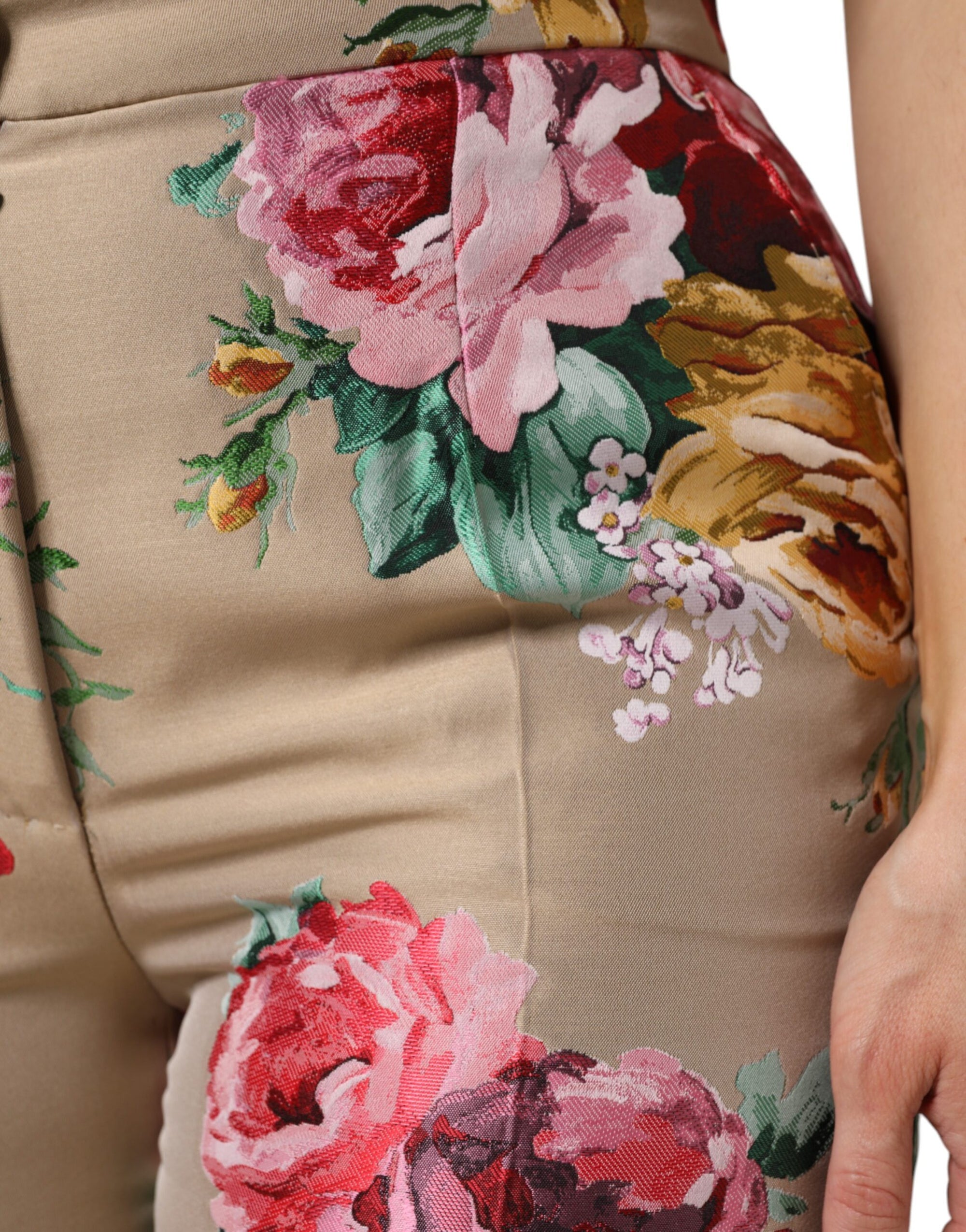 Dolce &amp; Gabbana Beige Floral Print Women High Waist Pants