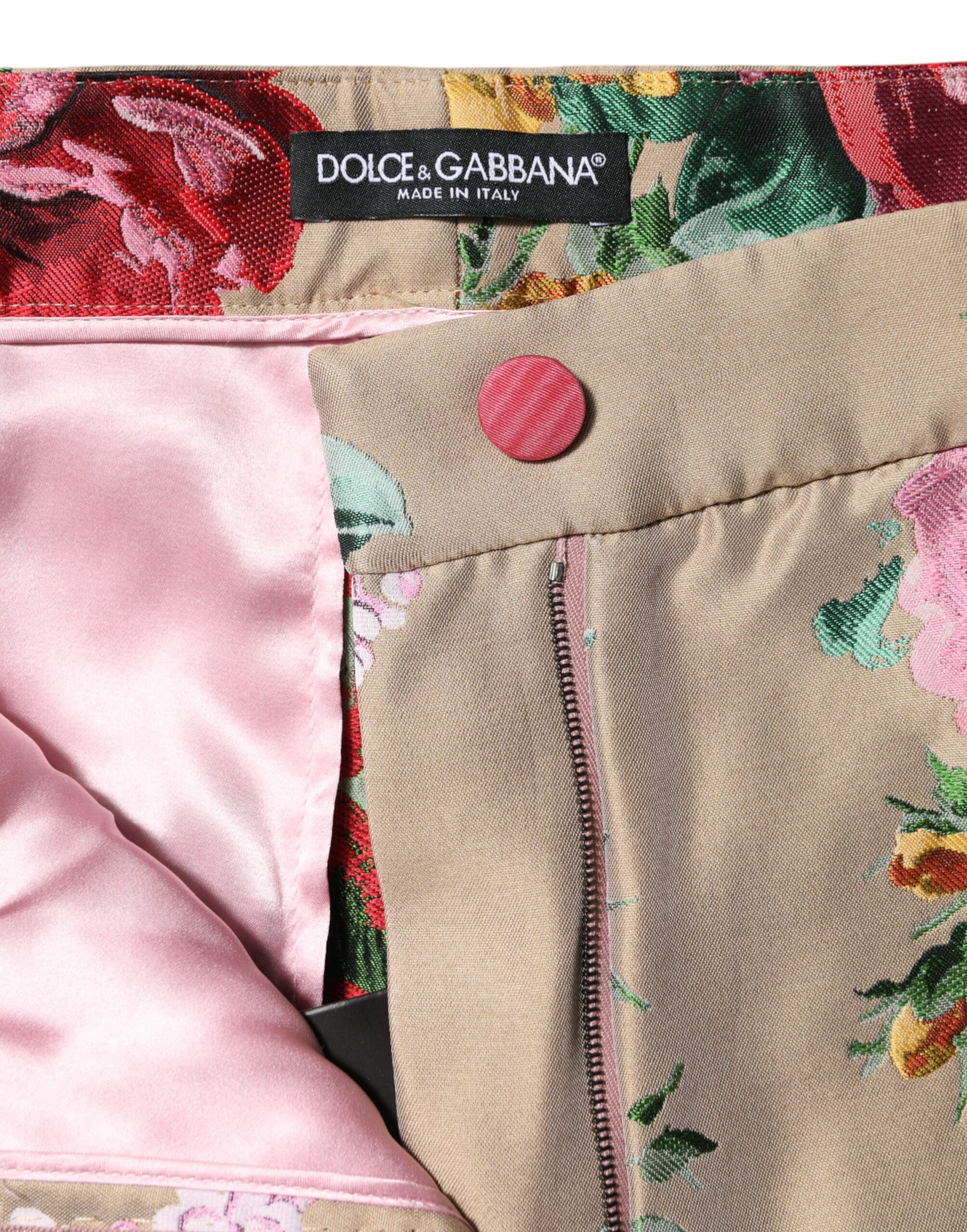 Dolce &amp; Gabbana Beige Floral Print Women High Waist Pants