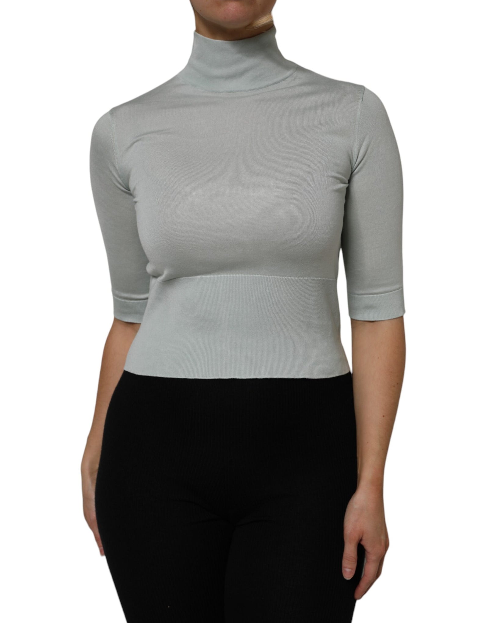 Dolce & Gabbana Light Green Silk Turtleneck 3/4 Sleeves Top
