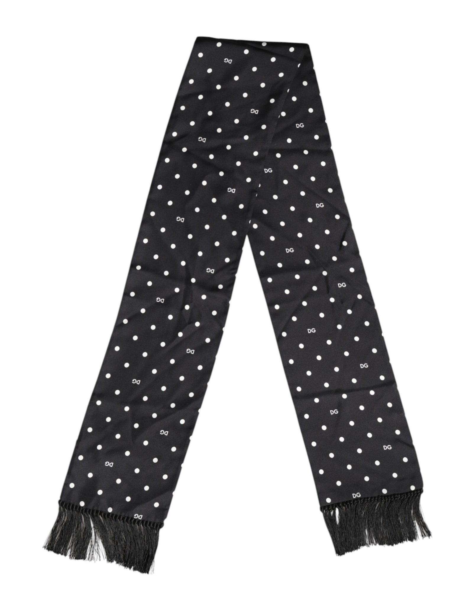 Dolce &amp; Gabbana Black White Polka Dot Fringes Foulard Scarf