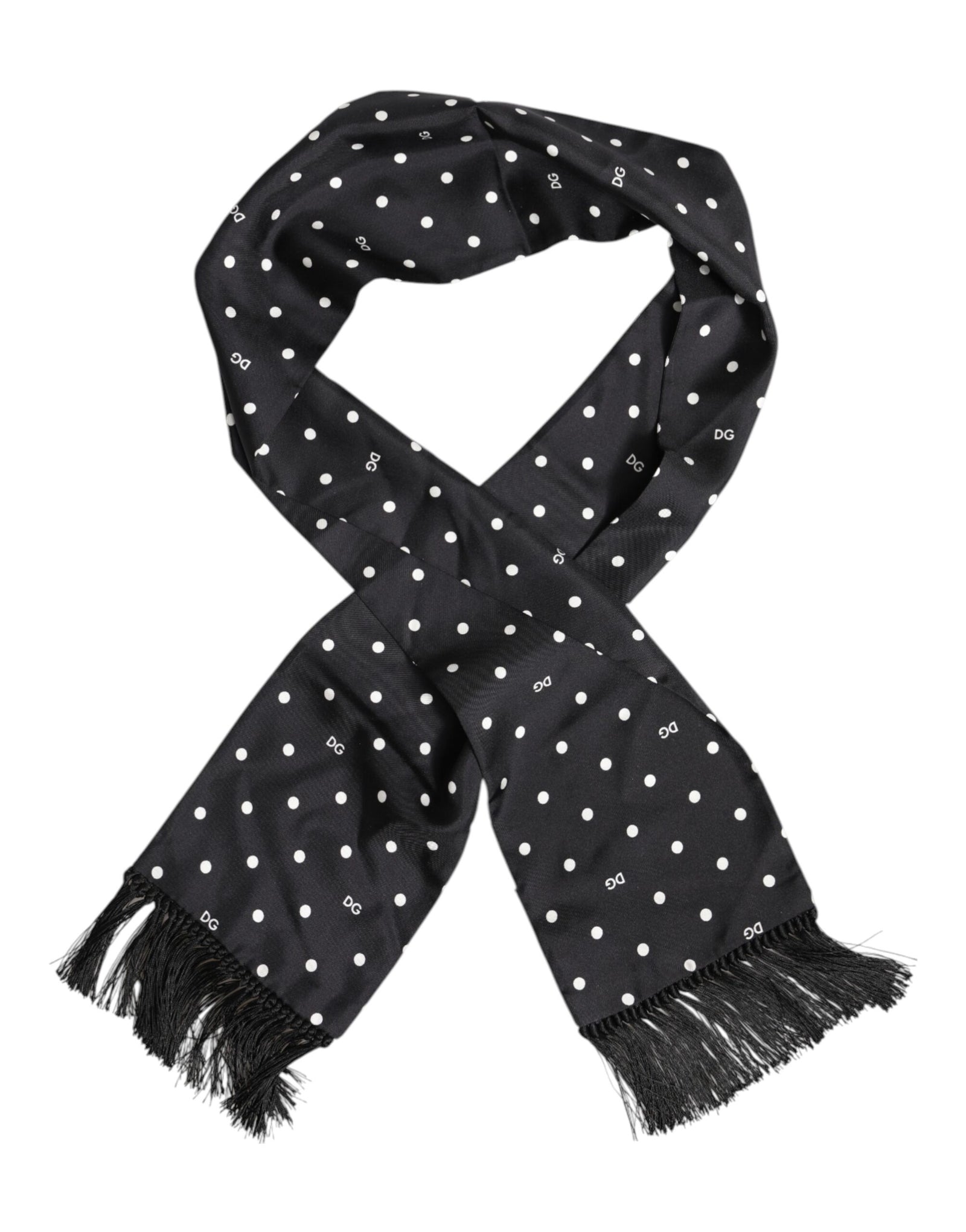 Dolce &amp; Gabbana Black White Polka Dot Fringes Foulard Scarf